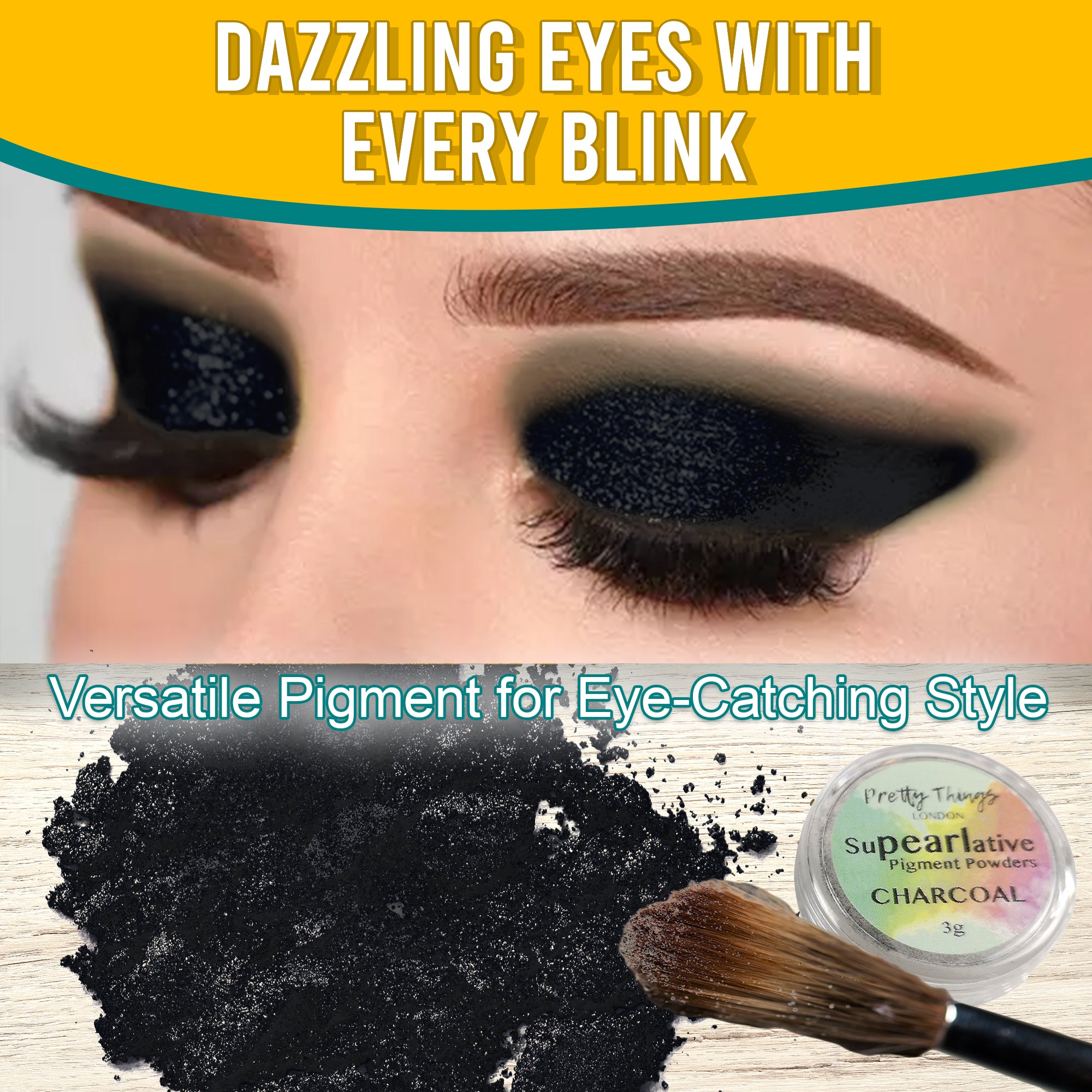 Model with dazzling Charcoal eyeshadow, demonstrating the pigment's eye-catching style. Below, a brush and a container of Charcoal pigment powder highlight its versatile use.