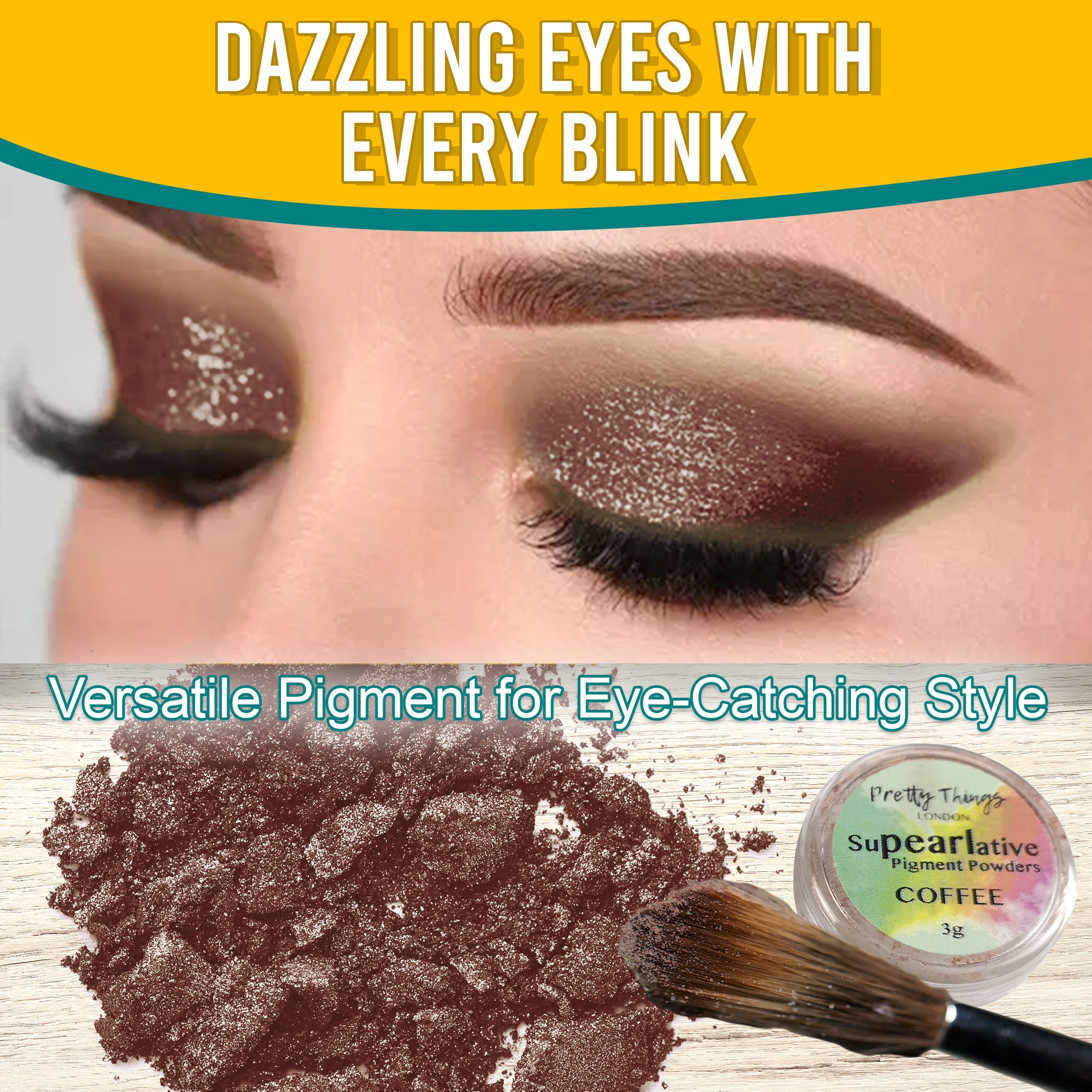 Model with dazzling Coffee eyeshadow, demonstrating the pigment's eye-catching style. Below, a brush and a container of Coffee pigment powder highlight its versatile use.