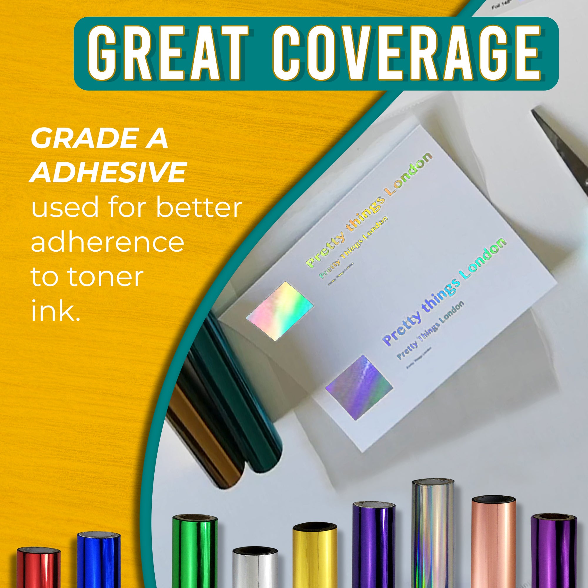 Graphic highlighting the excellent coverage of holographic silver toner foil using Grade A adhesive for strong adherence to toner ink. Includes an image of a business card with striking holographic silver foil accents.