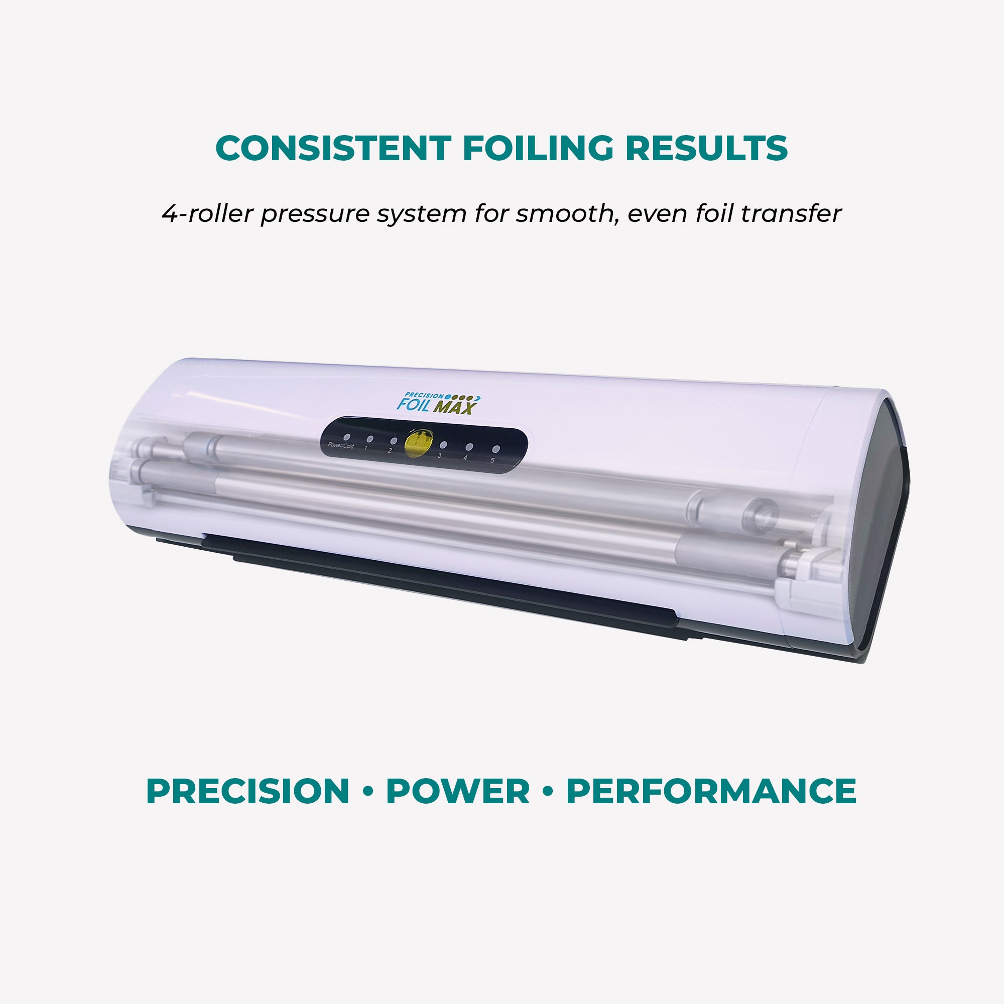 Foil Max foiling and laminating machine with text highlighting consistent foiling results and features on a white background