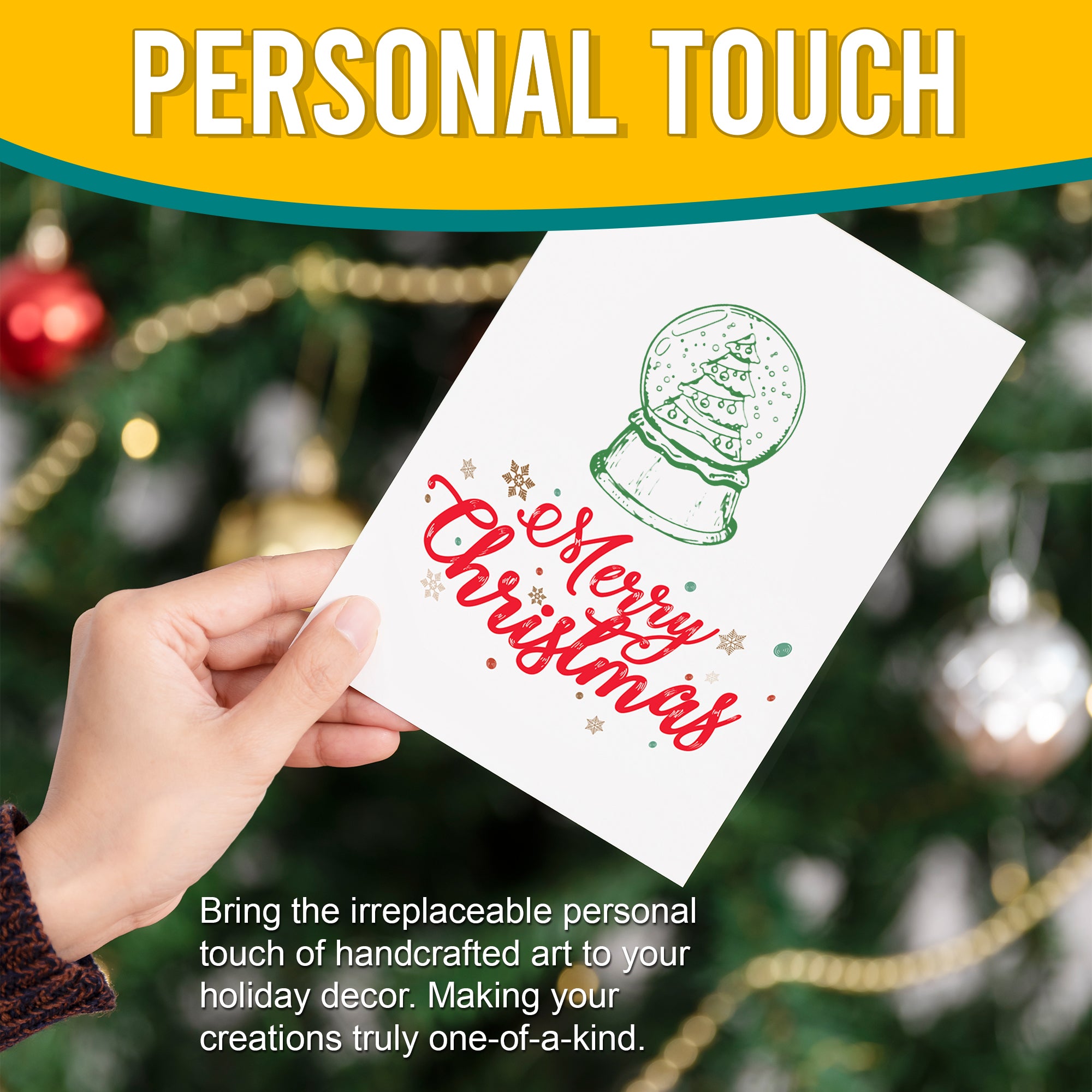 A hand holding a Christmas card featuring a green-stamped snow globe with a Christmas tree inside, accompanied by the text 'Merry Christmas' in red. The background shows a decorated Christmas tree. The text 'PERSONAL TOUCH' highlights the unique and handcrafted quality these stamps can bring to holiday decor.