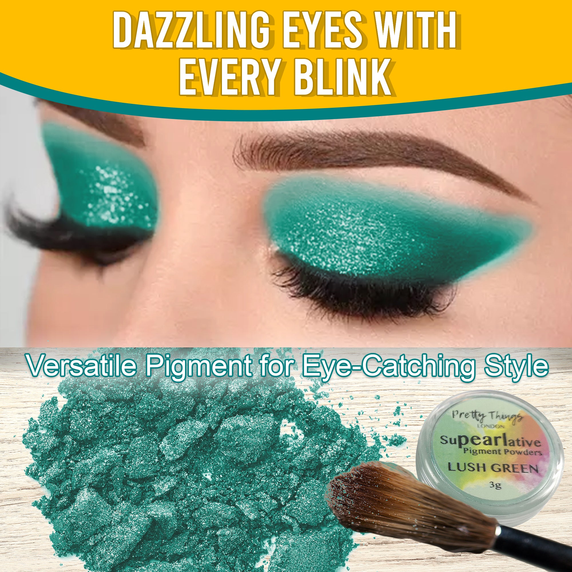 Model with dazzling Lush Green eyeshadow, demonstrating the pigment's eye-catching style. Below, a brush and a container of Lush Green pigment powder highlight its versatile use.