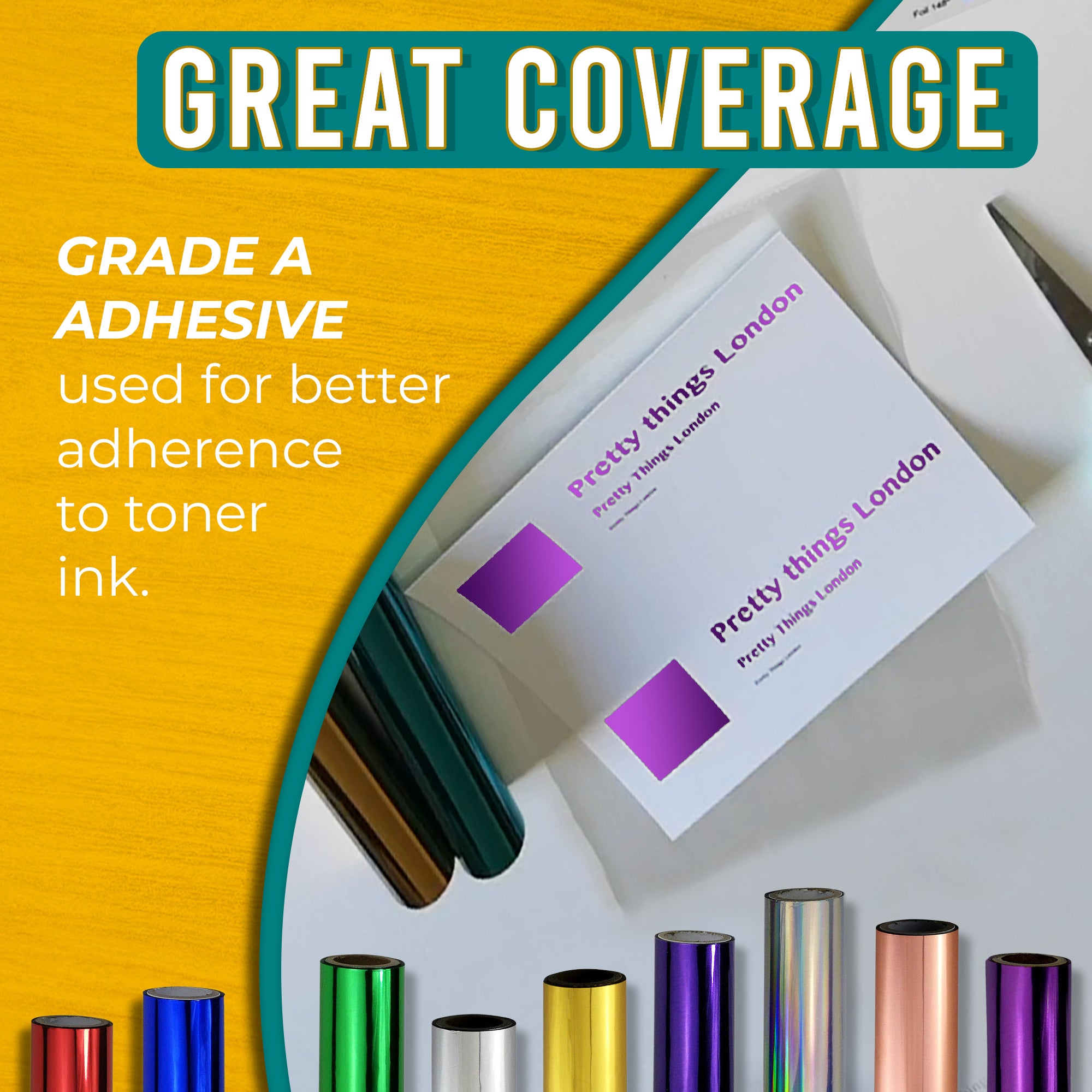 Graphic highlighting the excellent coverage of purple/pink toner foil using Grade A adhesive for strong adherence to toner ink. Includes an image of a business card with gradient purple/pink foil accents.