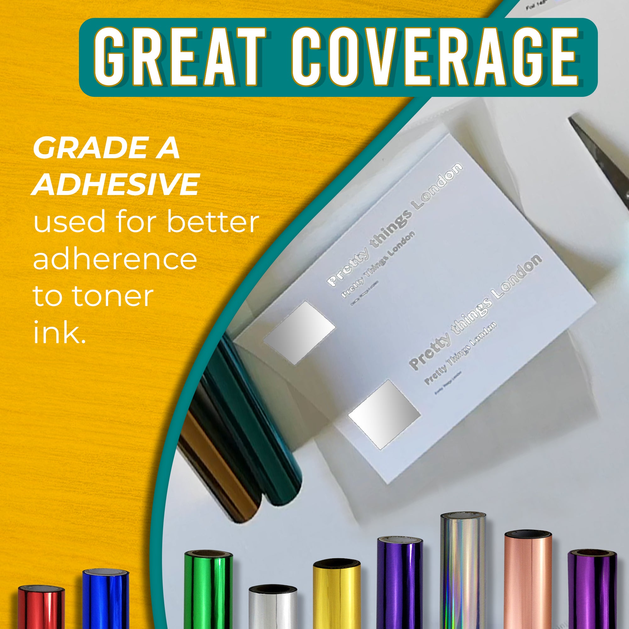 Graphic highlighting the excellent coverage of silver toner foil using Grade A adhesive for strong adherence to toner ink. Includes an image of a business card with sleek silver foil accents.