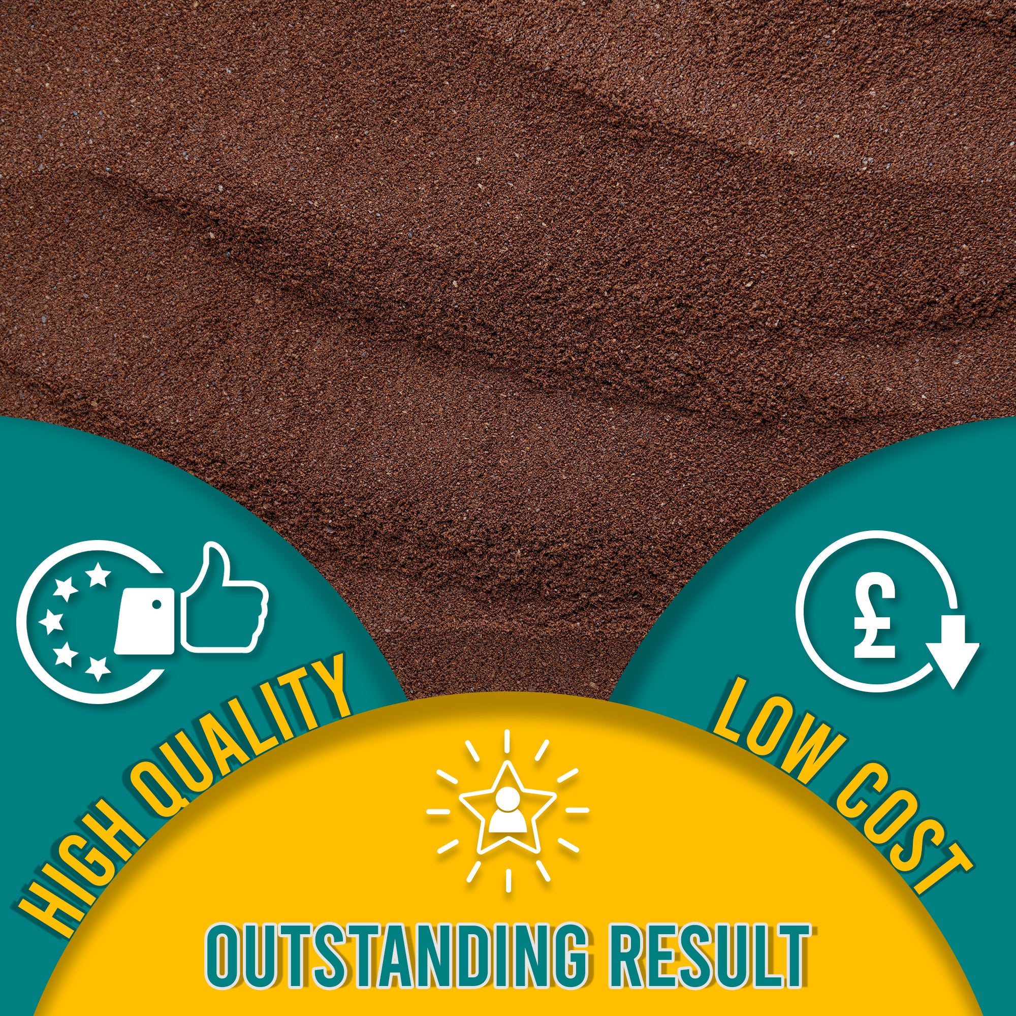 Close-up of Copper embossing powder, highlighting its fine texture. The graphic includes 'High Quality, Low Cost, Outstanding Result' with icons.