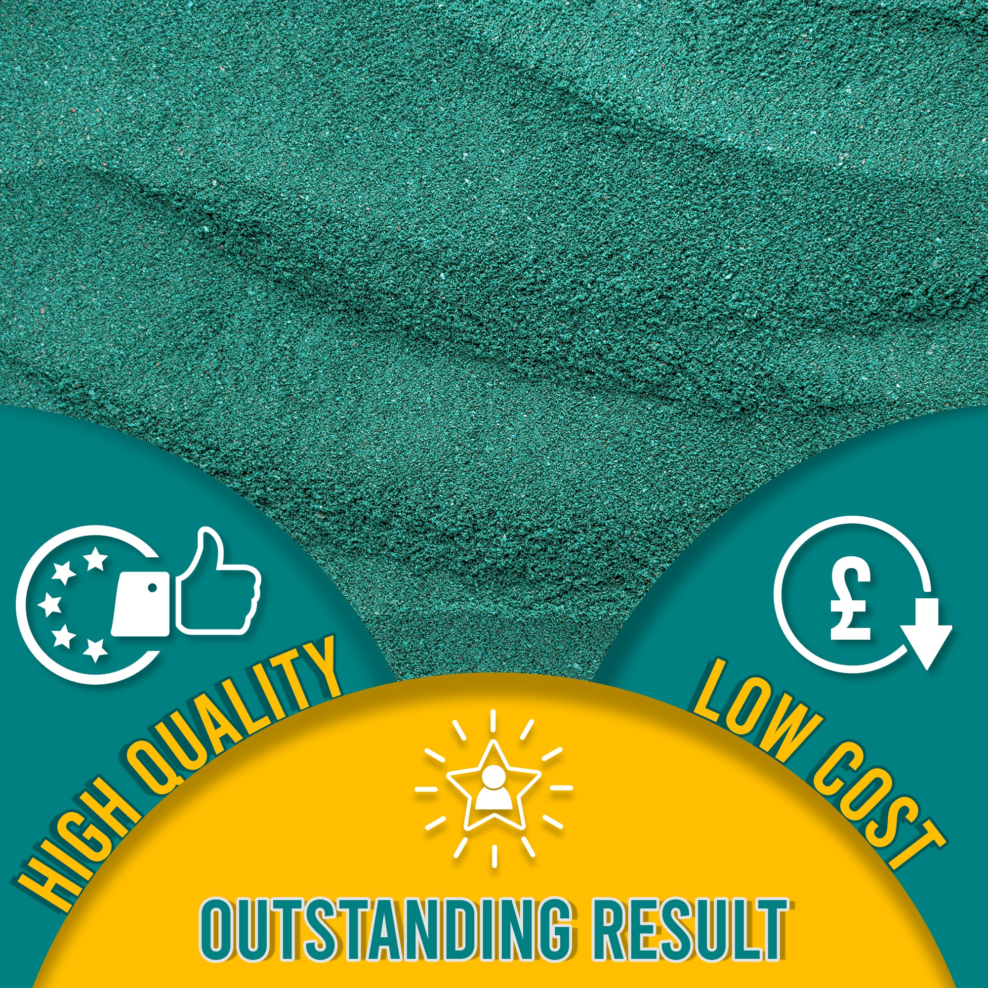 Close-up of Green embossing powder, emphasizing its fine texture. The graphic highlights 'High Quality, Low Cost, Outstanding Result' with related symbols.