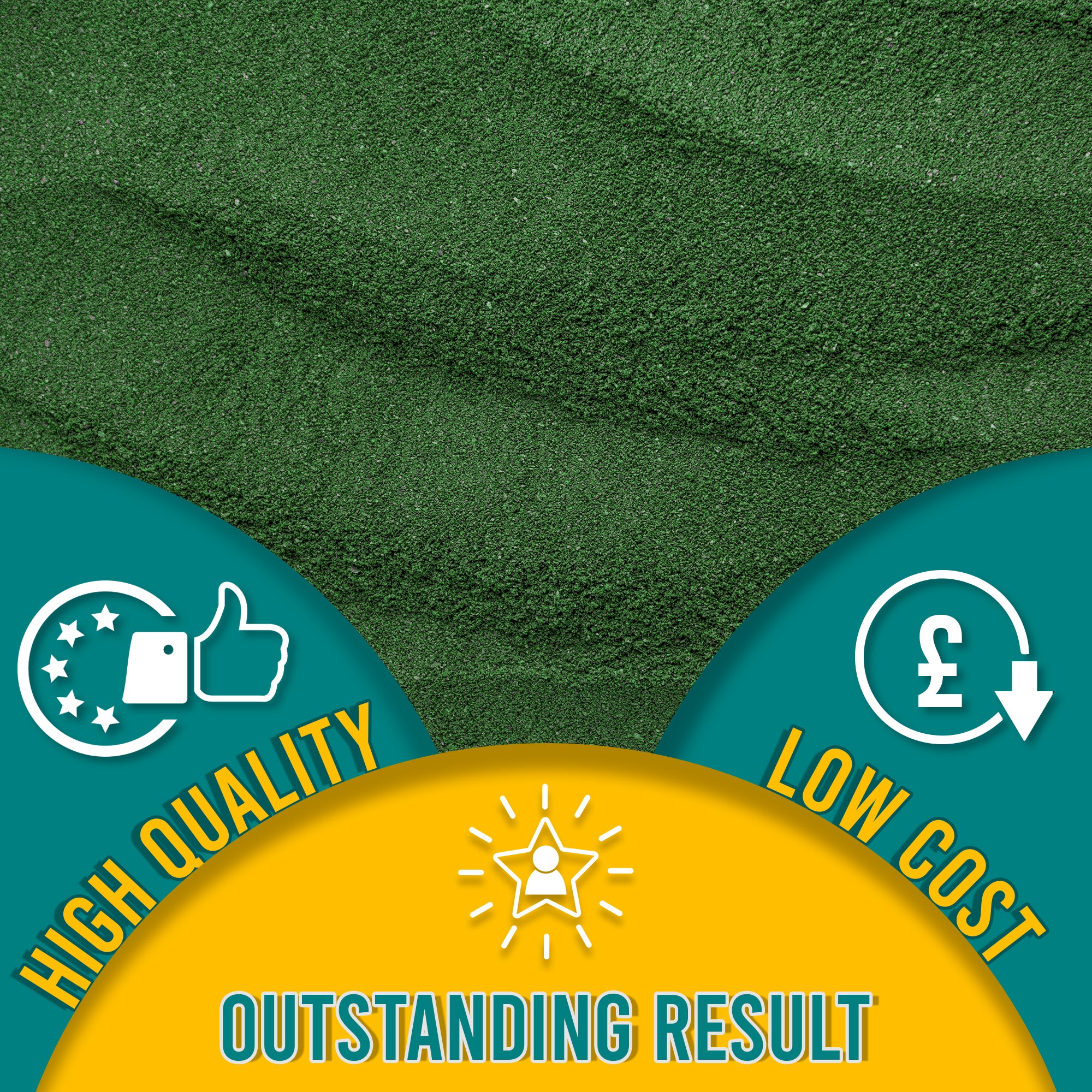 Close-up of Green Olive embossing powder, highlighting its fine texture. The graphic underlines 'High Quality, Low Cost, Outstanding Result' with corresponding symbols.