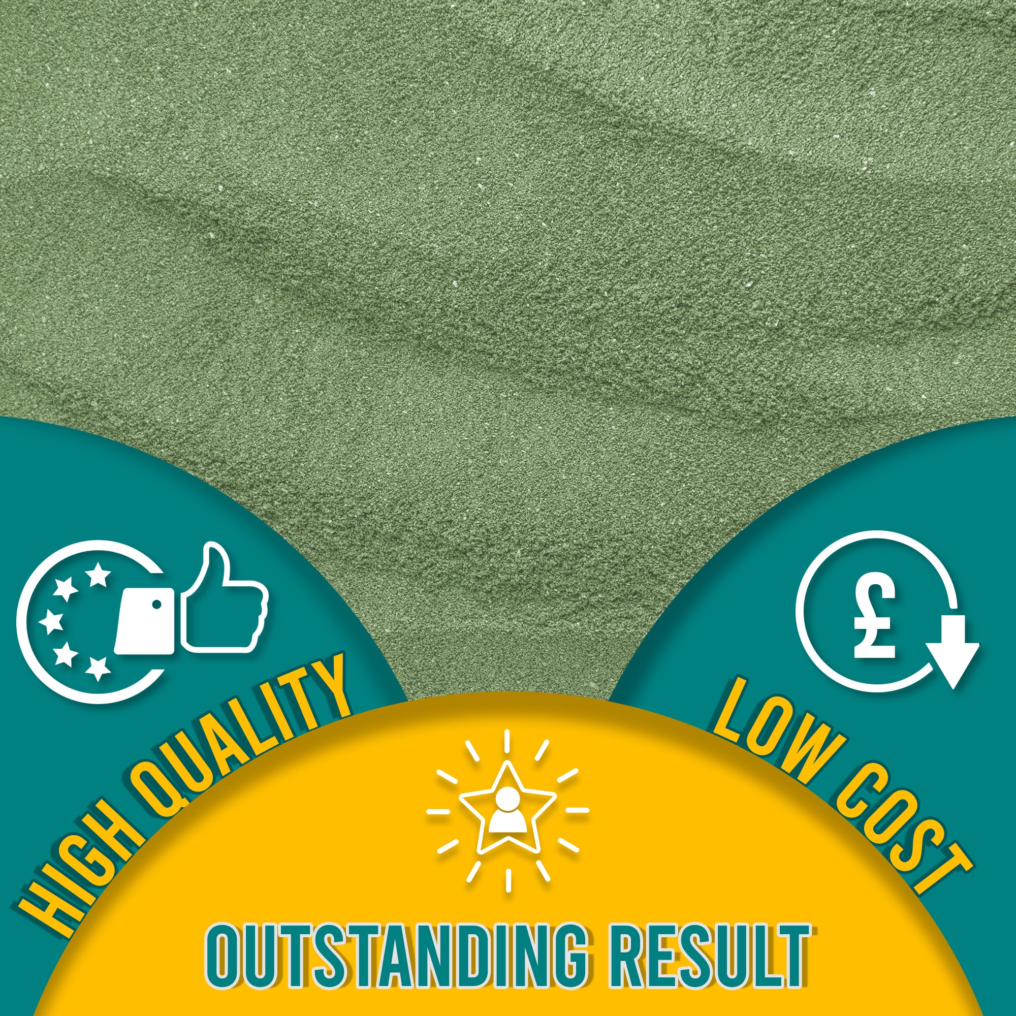 Close-up of Green Pastel embossing powder, emphasizing its fine texture. The graphic highlights 'High Quality, Low Cost, Outstanding Result' with related symbols.