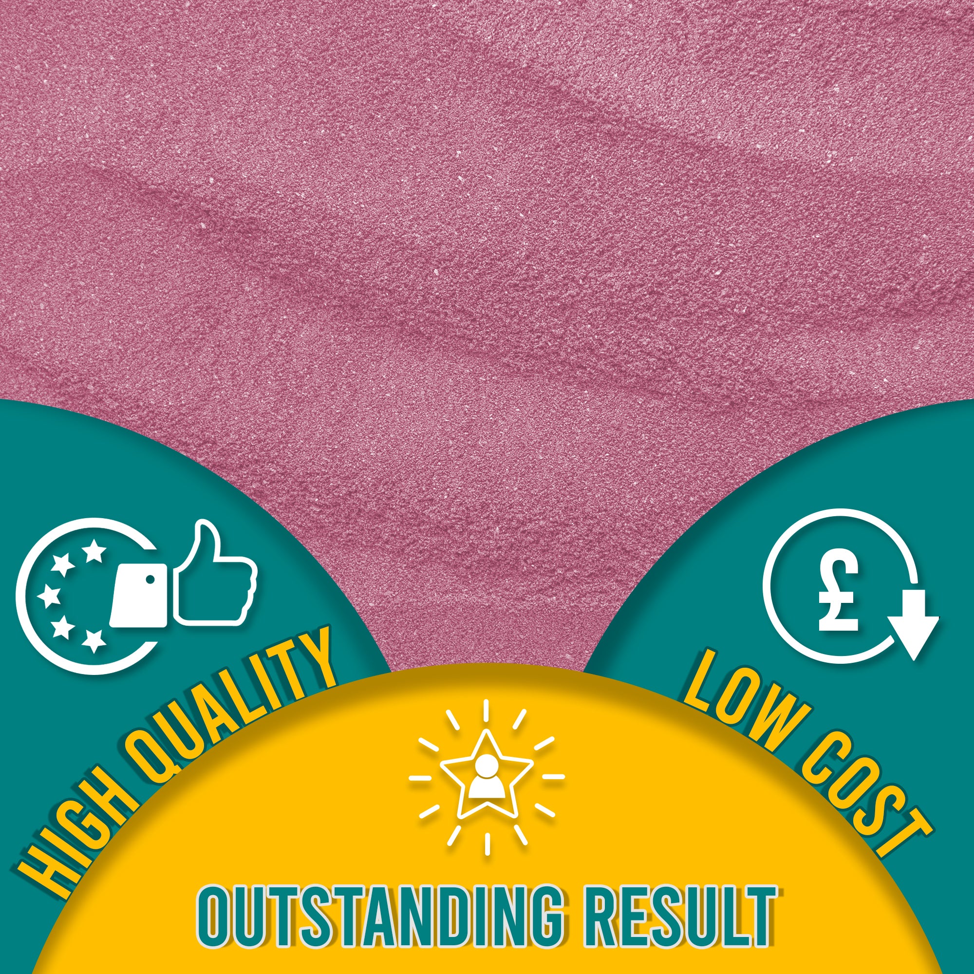 Close-up of Pink embossing powder, emphasizing its fine texture. The graphic highlights 'High Quality, Low Cost, Outstanding Result' with related symbols.