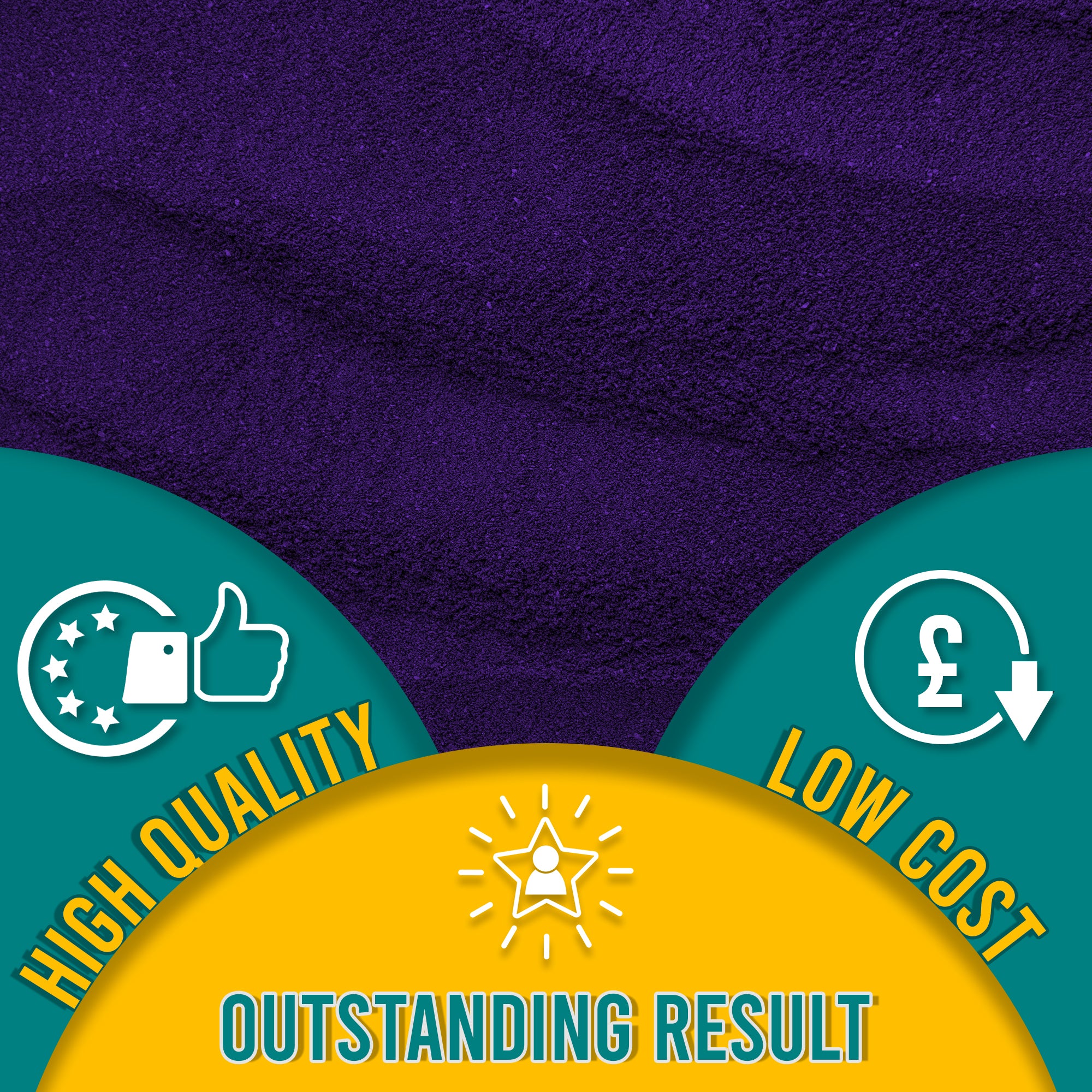 Close-up of Purple Violet embossing powder, emphasizing its fine texture. The graphic highlights 'High Quality, Low Cost, Outstanding Result' with related symbols.