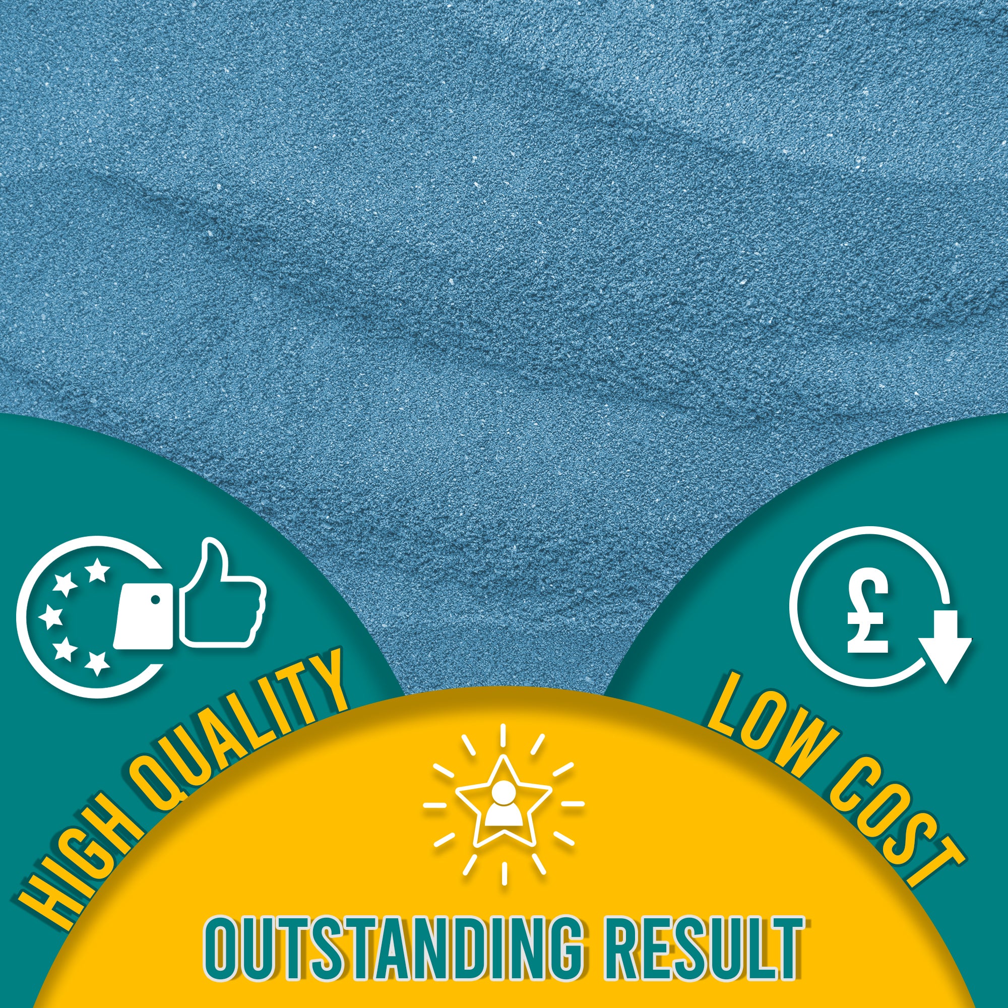 Close-up of Sky Blue embossing powder, highlighting its fine texture. The graphic emphasizes 'High Quality, Low Cost, Outstanding Result' with related icons.