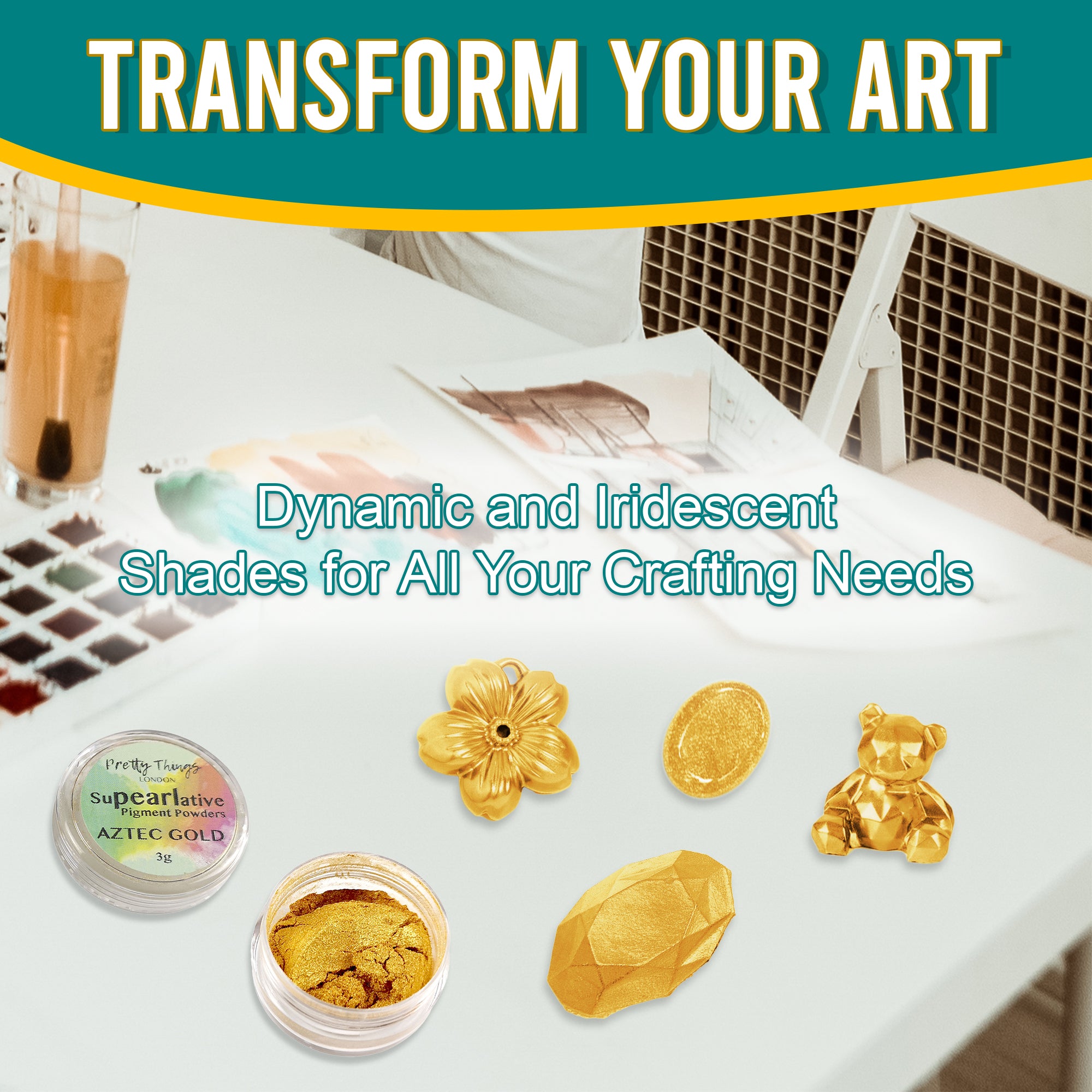 Aztec Gold pigment powder in an open container, displayed with various golden crafting elements, showcasing its dynamic and iridescent shades for all crafting needs.