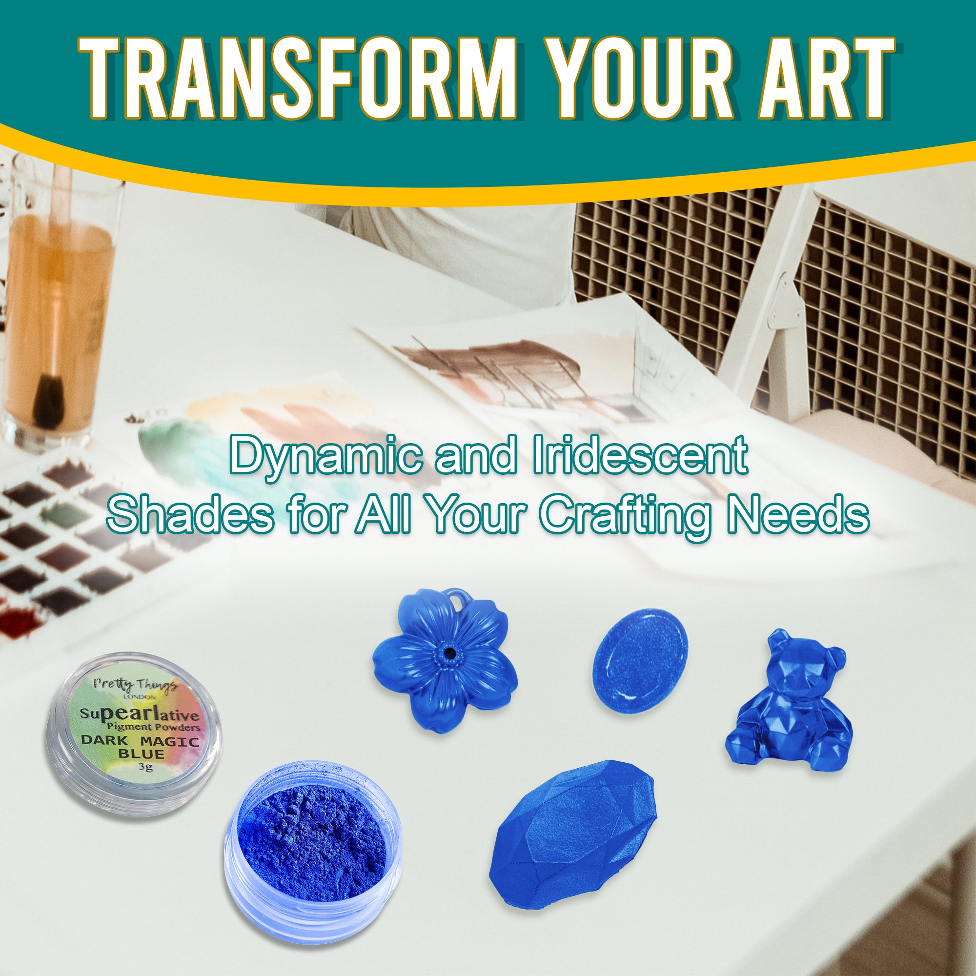 Dark Magic Blue pigment powder in an open container, displayed with various golden crafting elements, showcasing its dynamic and iridescent shades for all crafting needs.