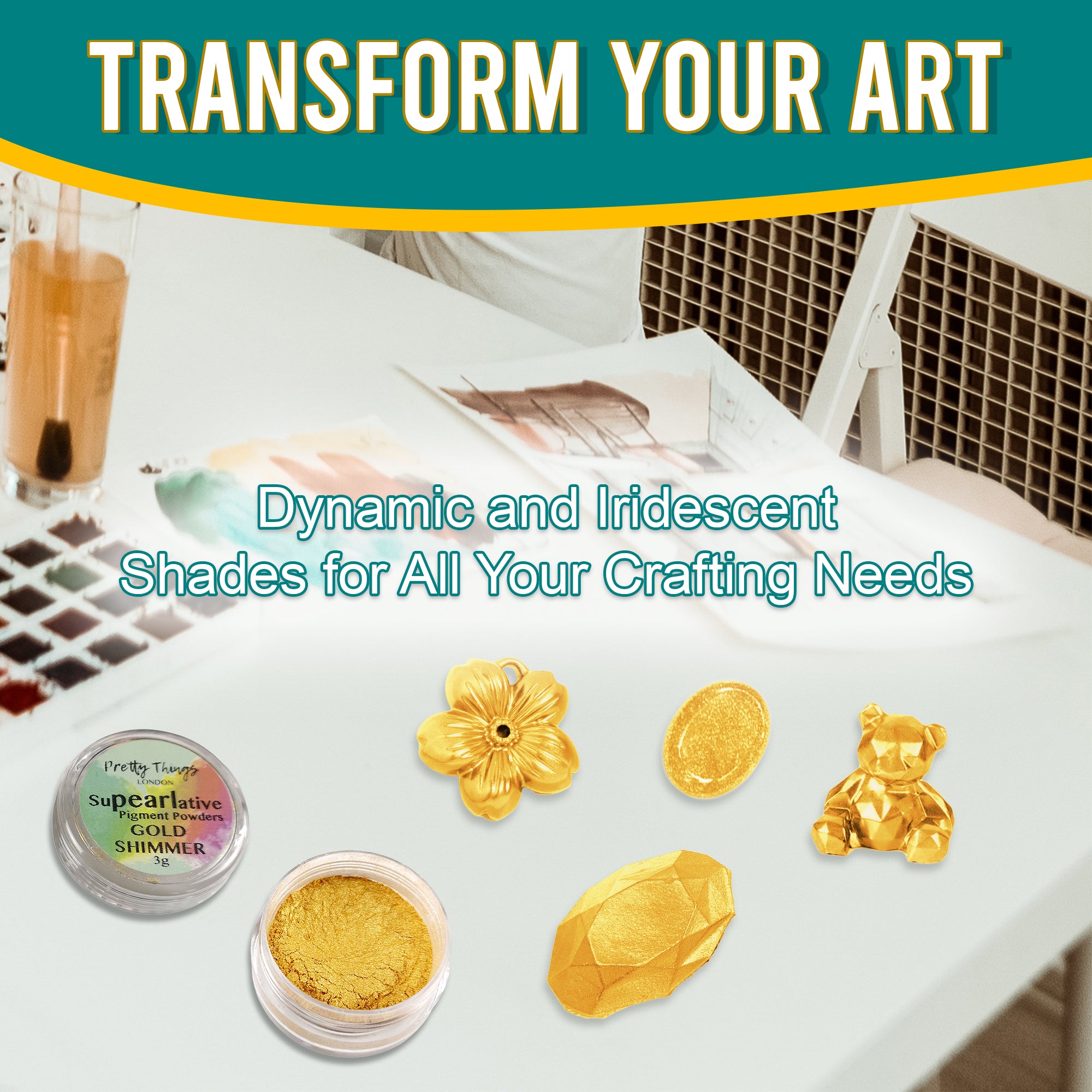 Gold Shimmer pigment powder in an open container, displayed with various golden crafting elements, showcasing its dynamic and iridescent shades for all crafting needs.