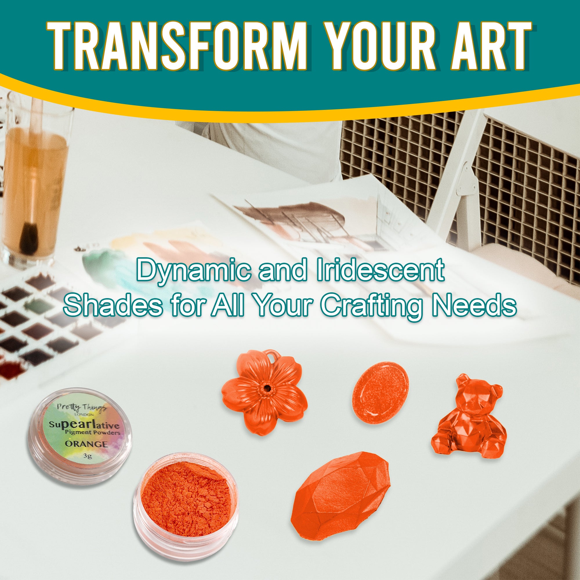 Orange pigment powder in an open container, displayed with various golden crafting elements, showcasing its dynamic and iridescent shades for all crafting needs.