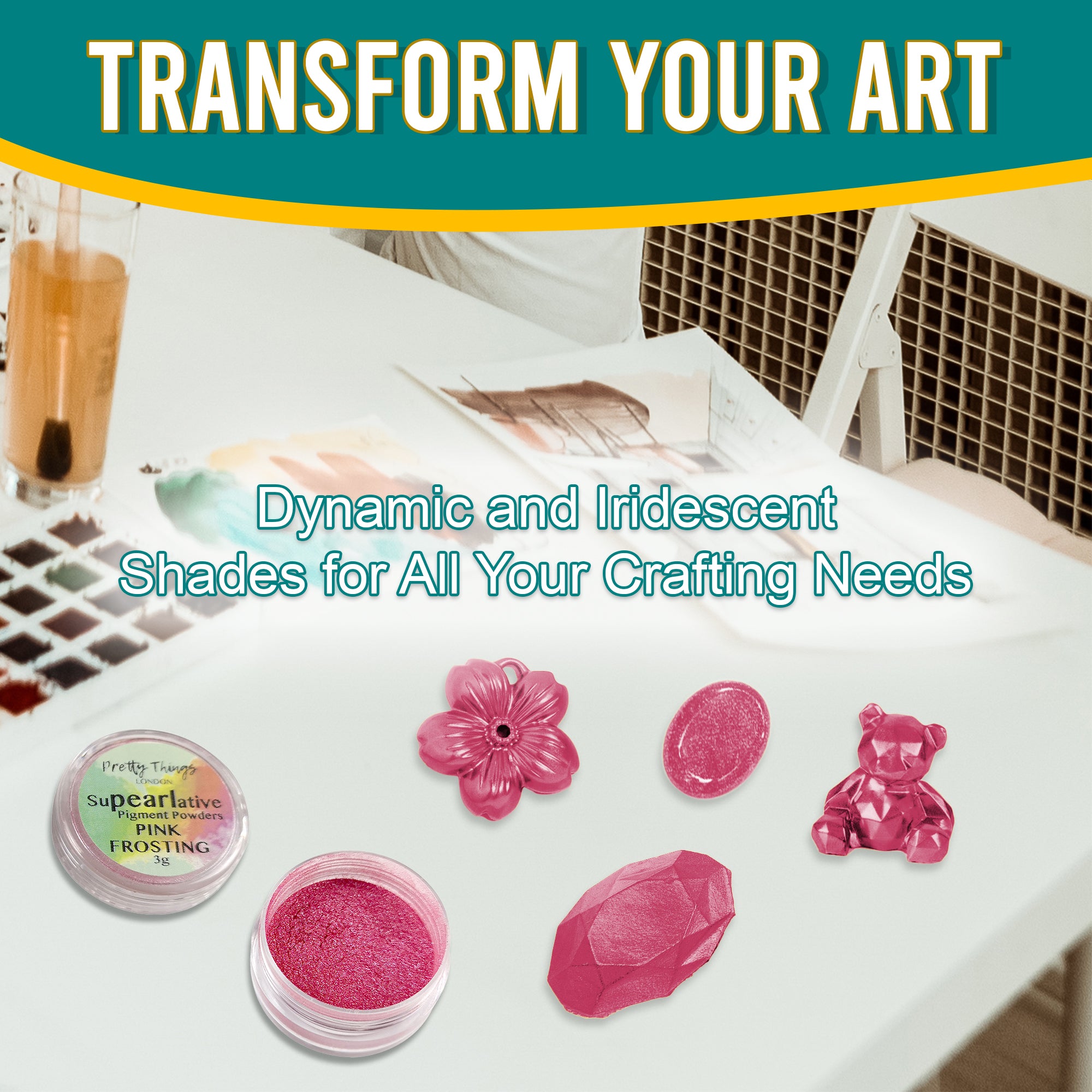 Pink Frosting pigment powder in an open container, displayed with various golden crafting elements, showcasing its dynamic and iridescent shades for all crafting needs.