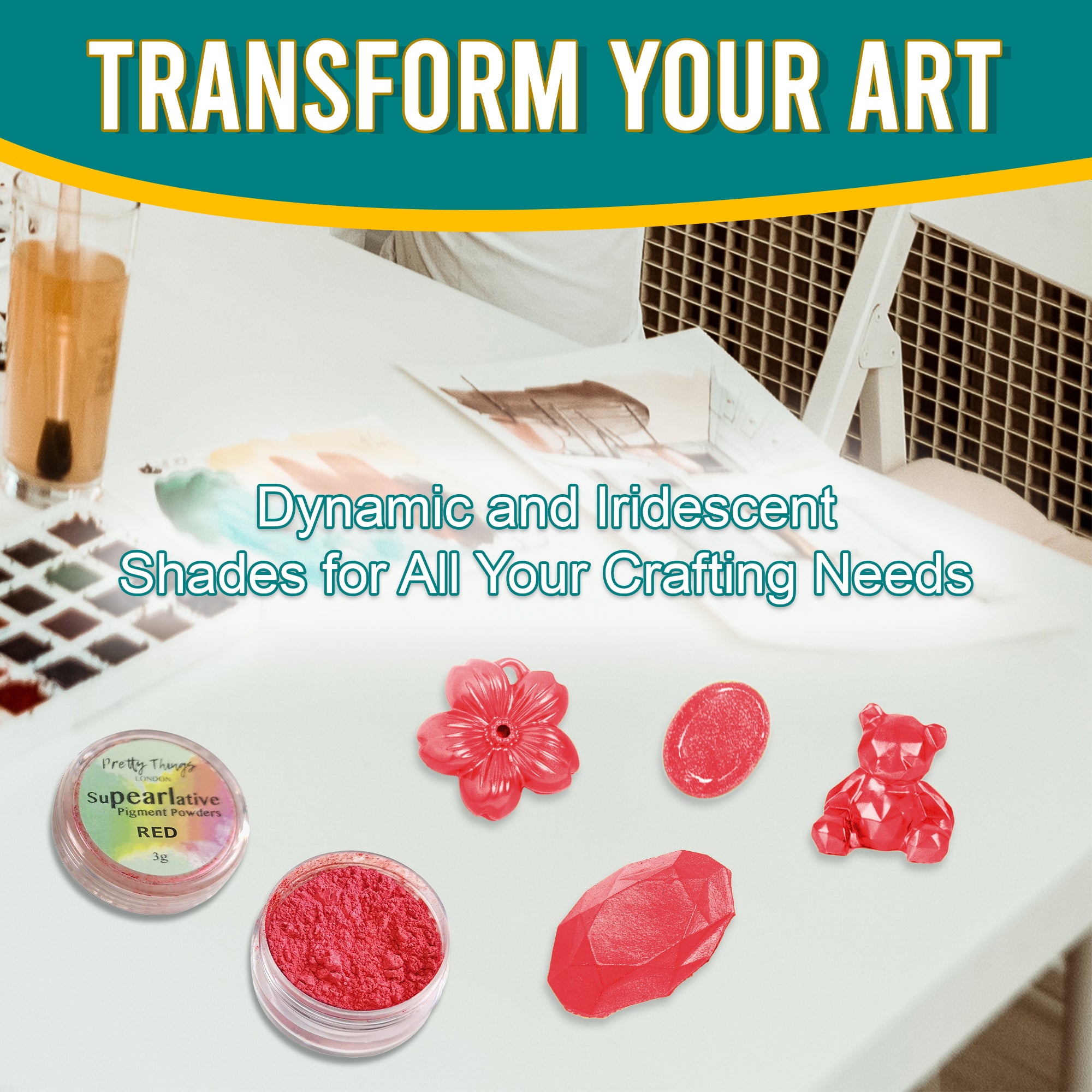 Red pigment powder in an open container, displayed with various golden crafting elements, showcasing its dynamic and iridescent shades for all crafting needs.