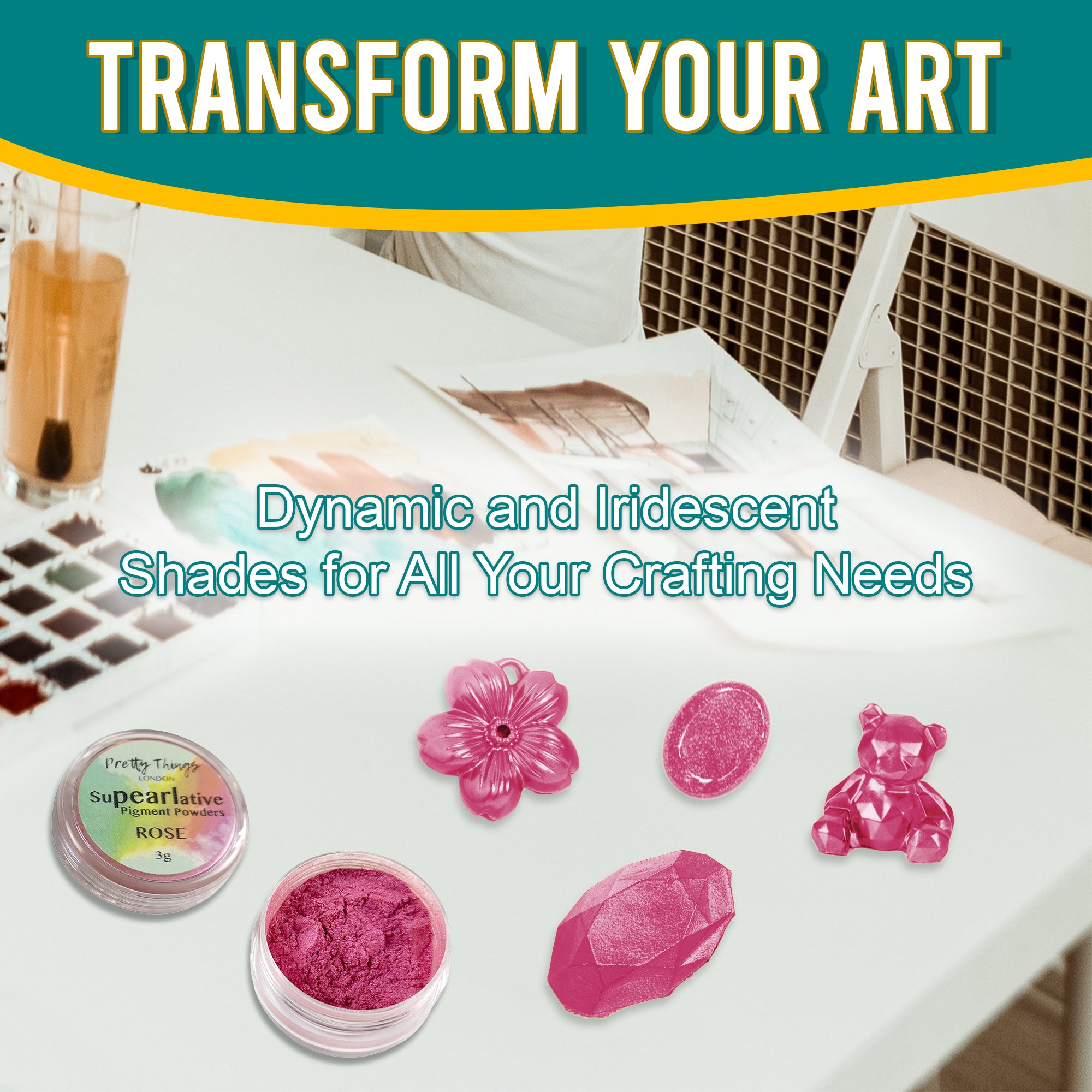 Rose pigment powder in an open container, displayed with various golden crafting elements, showcasing its dynamic and iridescent shades for all crafting needs.