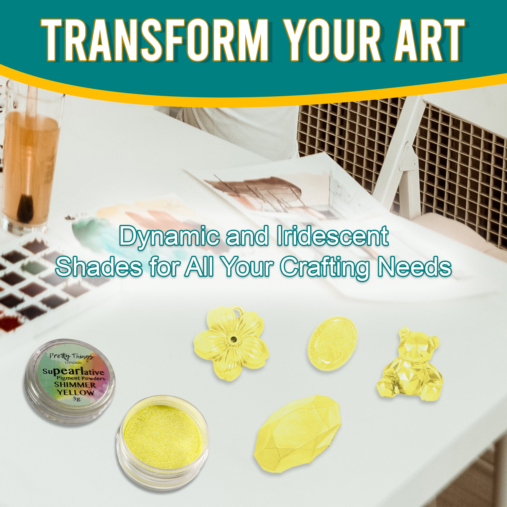 Shimmer Yellow pigment powder in an open container, displayed with various golden crafting elements, showcasing its dynamic and iridescent shades for all crafting needs.