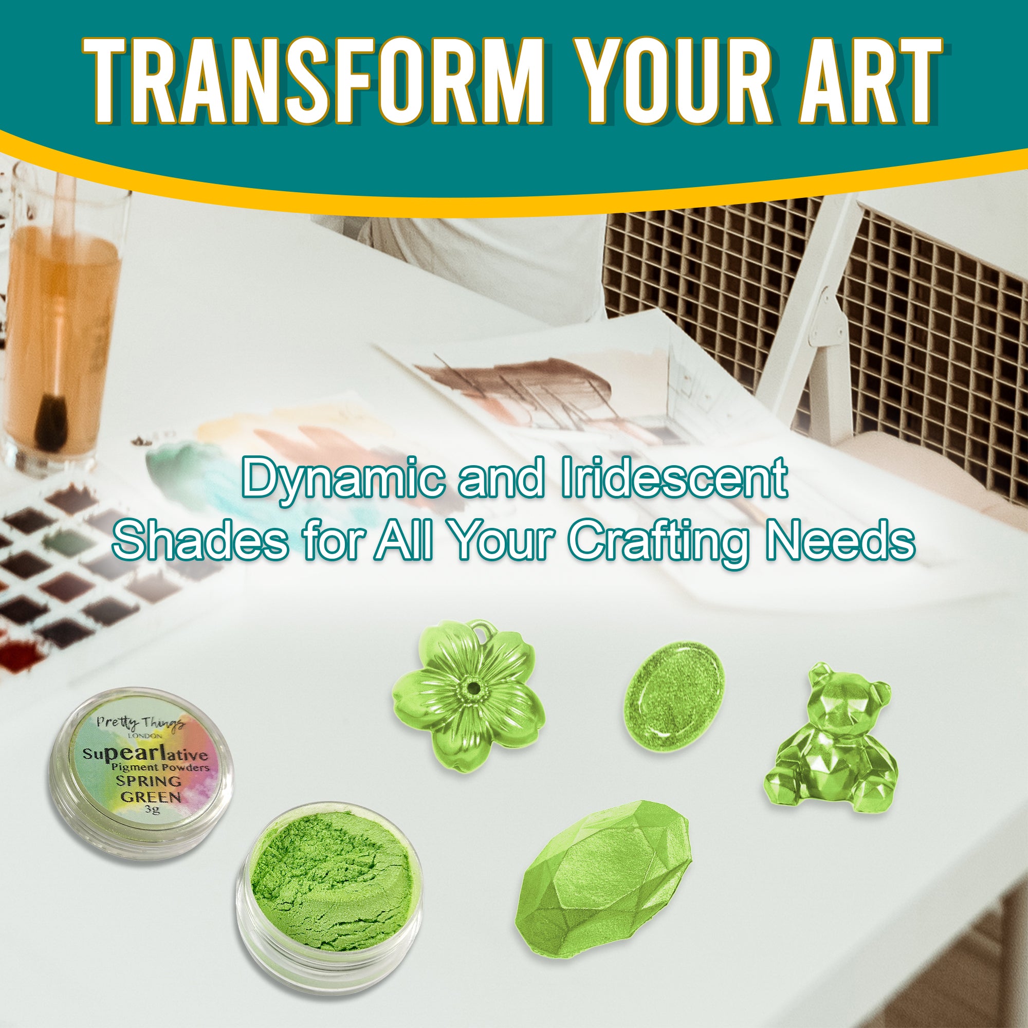 Spring Green pigment powder in an open container, displayed with various golden crafting elements, showcasing its dynamic and iridescent shades for all crafting needs.