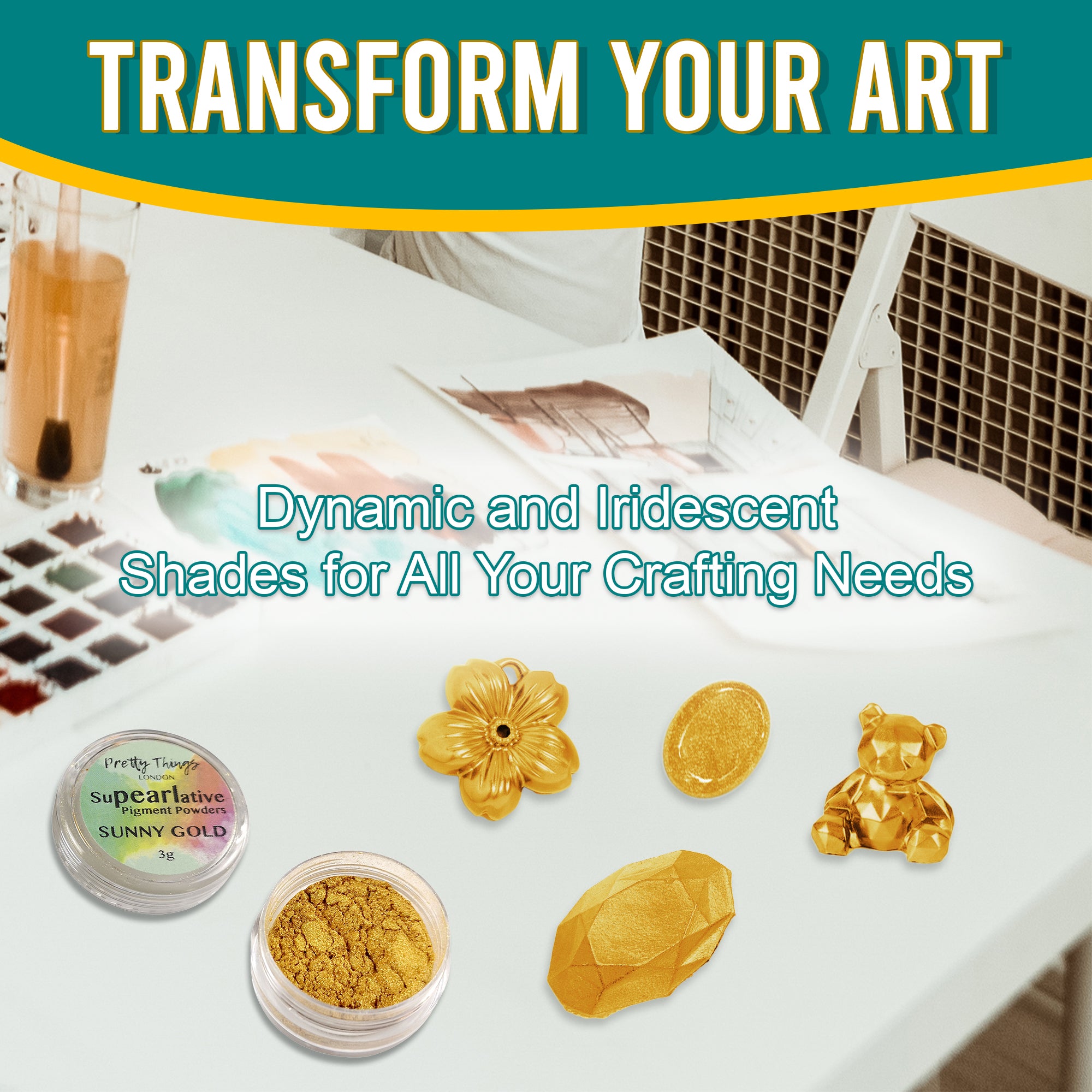 Sunny Gold pigment powder in an open container, displayed with various golden crafting elements, showcasing its dynamic and iridescent shades for all crafting needs.