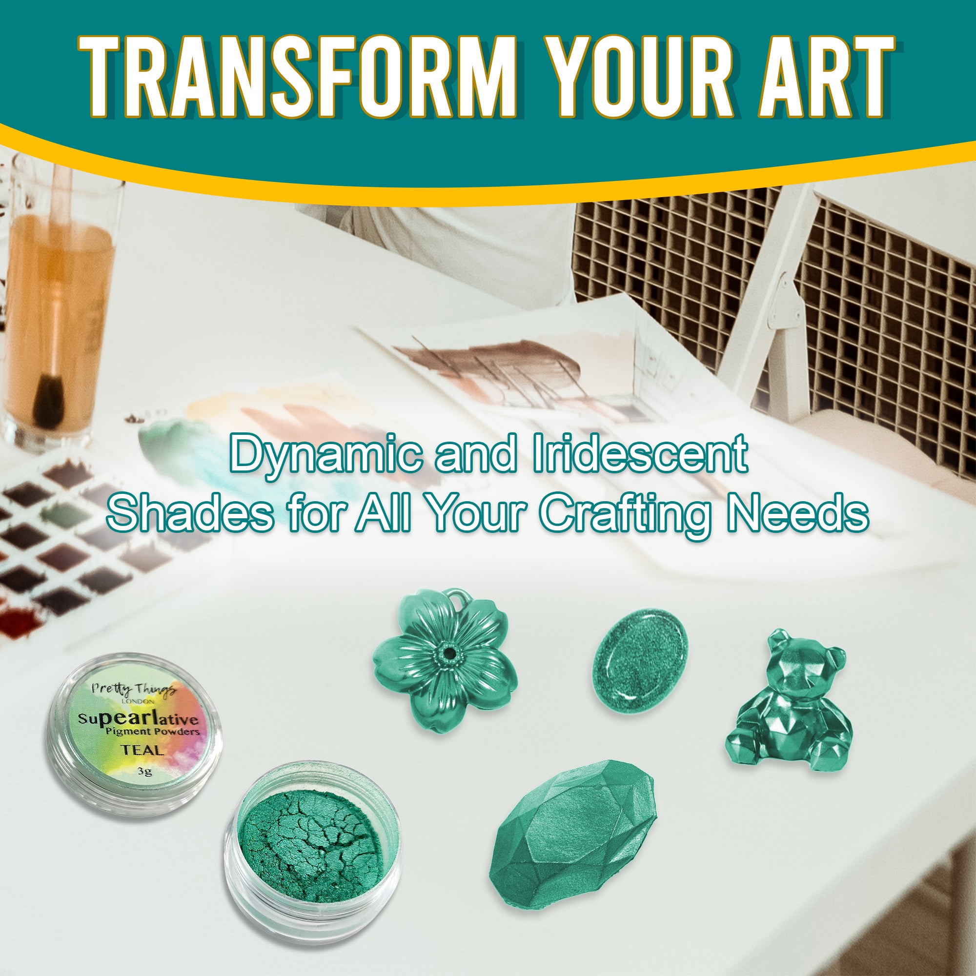 Teal pigment powder in an open container, displayed with various golden crafting elements, showcasing its dynamic and iridescent shades for all crafting needs.