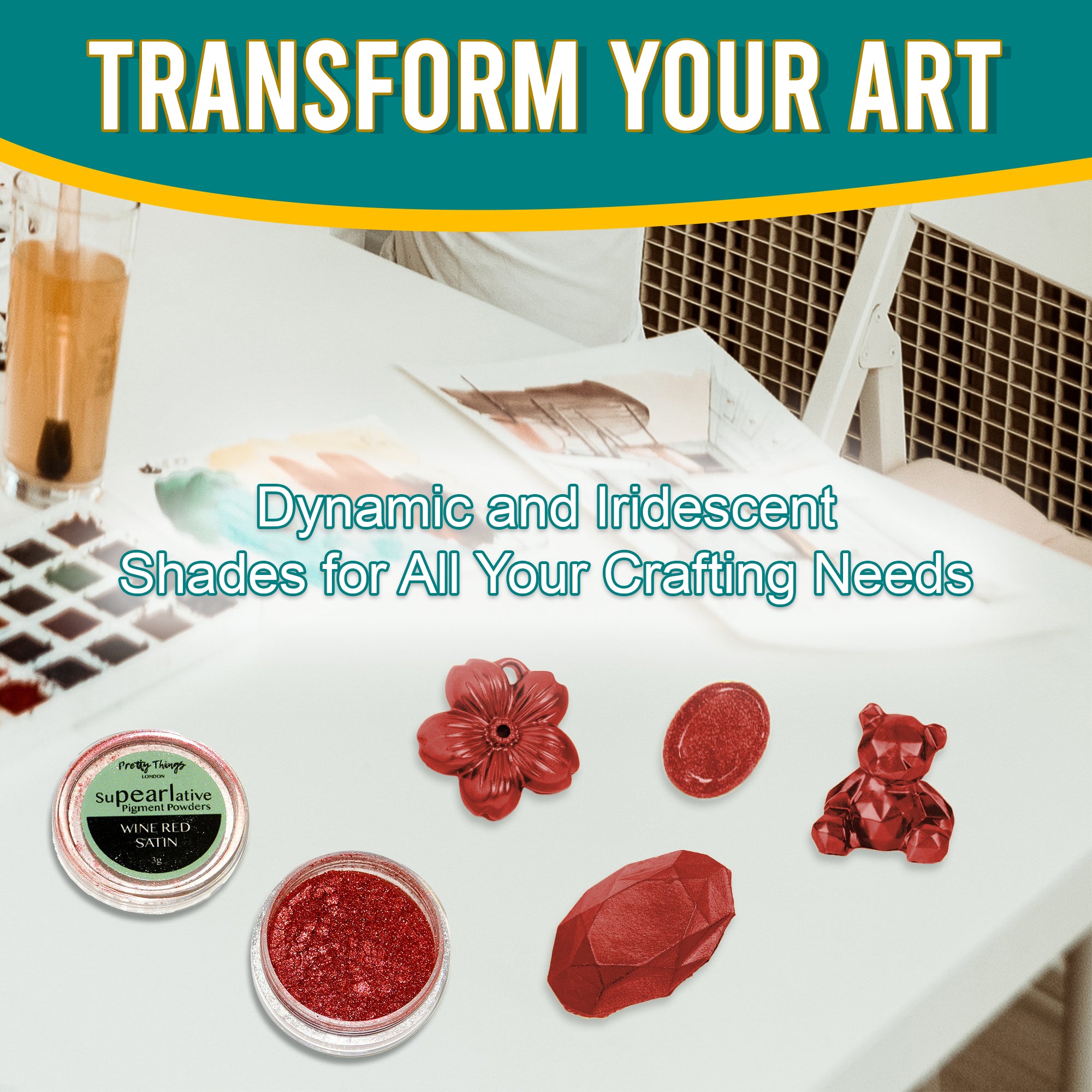 Wine Red Satin pigment powder in an open container, displayed with various golden crafting elements, showcasing its dynamic and iridescent shades for all crafting needs.