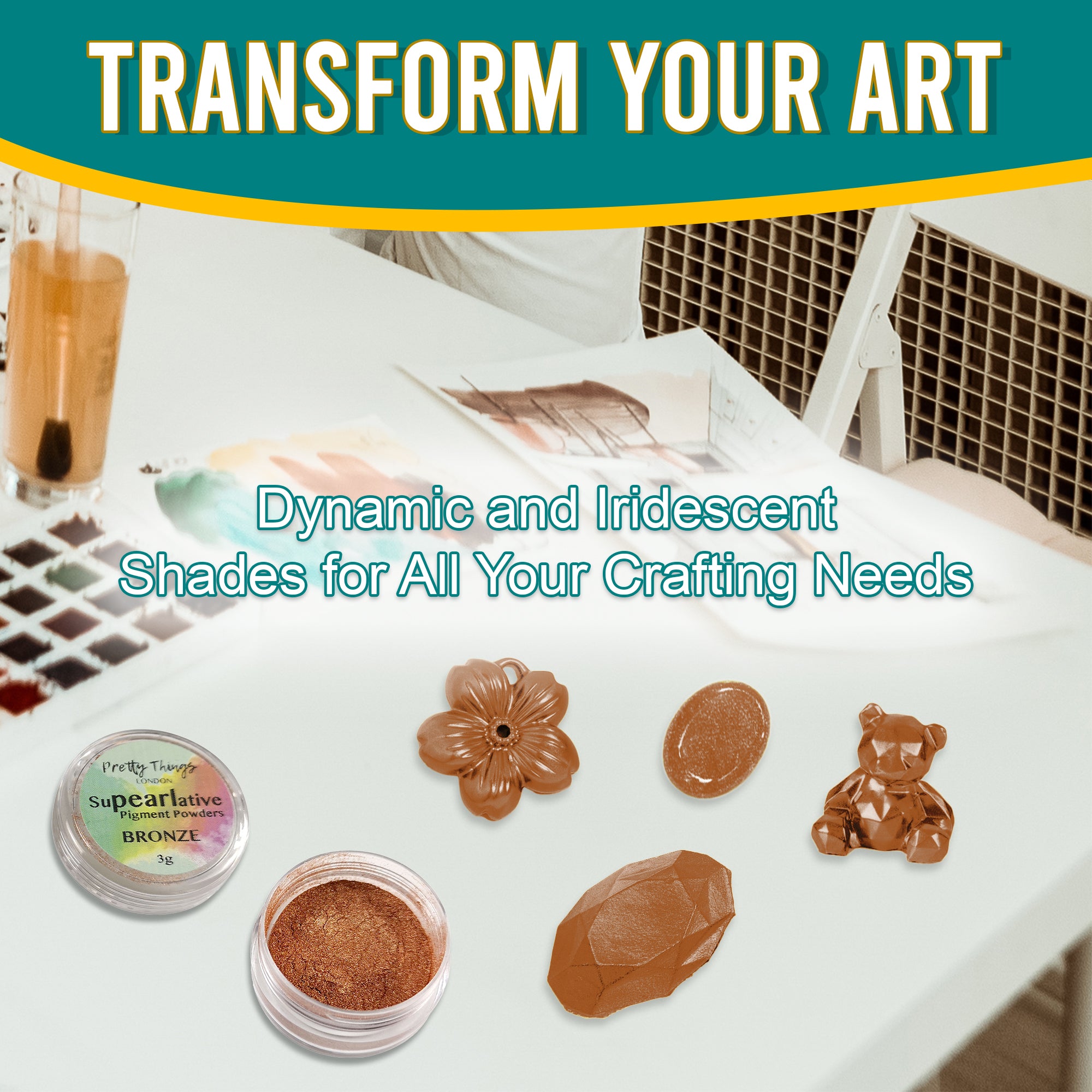 Bronze pigment powder in an open container, displayed with various golden crafting elements, showcasing its dynamic and iridescent shades for all crafting needs.