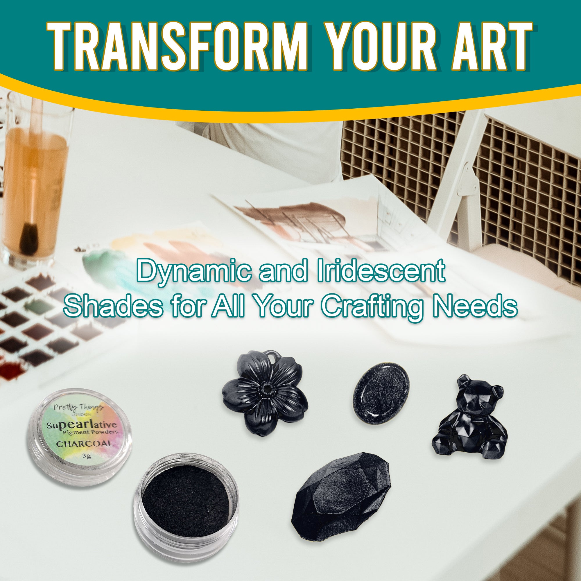 Charcoal pigment powder in an open container, displayed with various golden crafting elements, showcasing its dynamic and iridescent shades for all crafting needs.