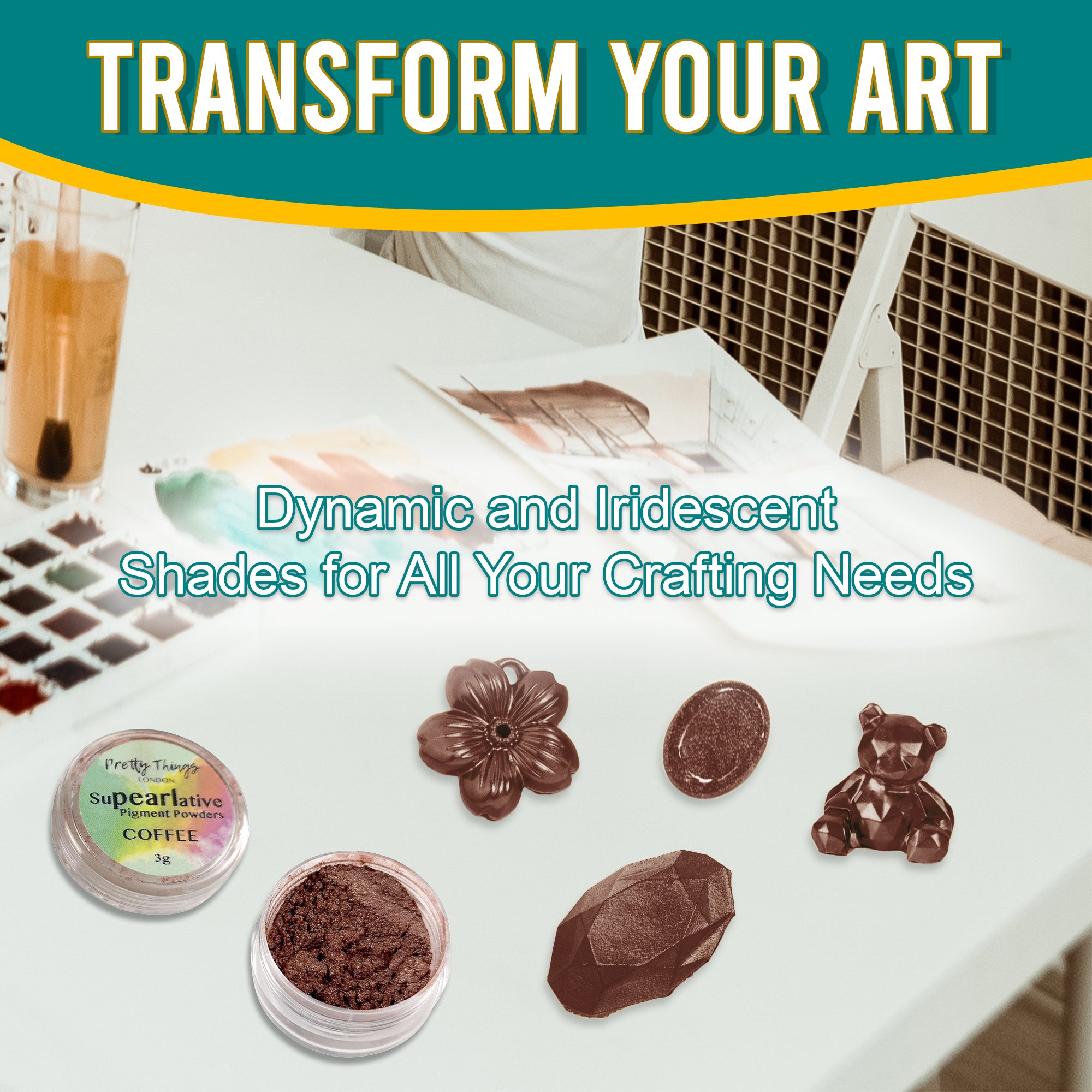 Coffee pigment powder in an open container, displayed with various golden crafting elements, showcasing its dynamic and iridescent shades for all crafting needs.