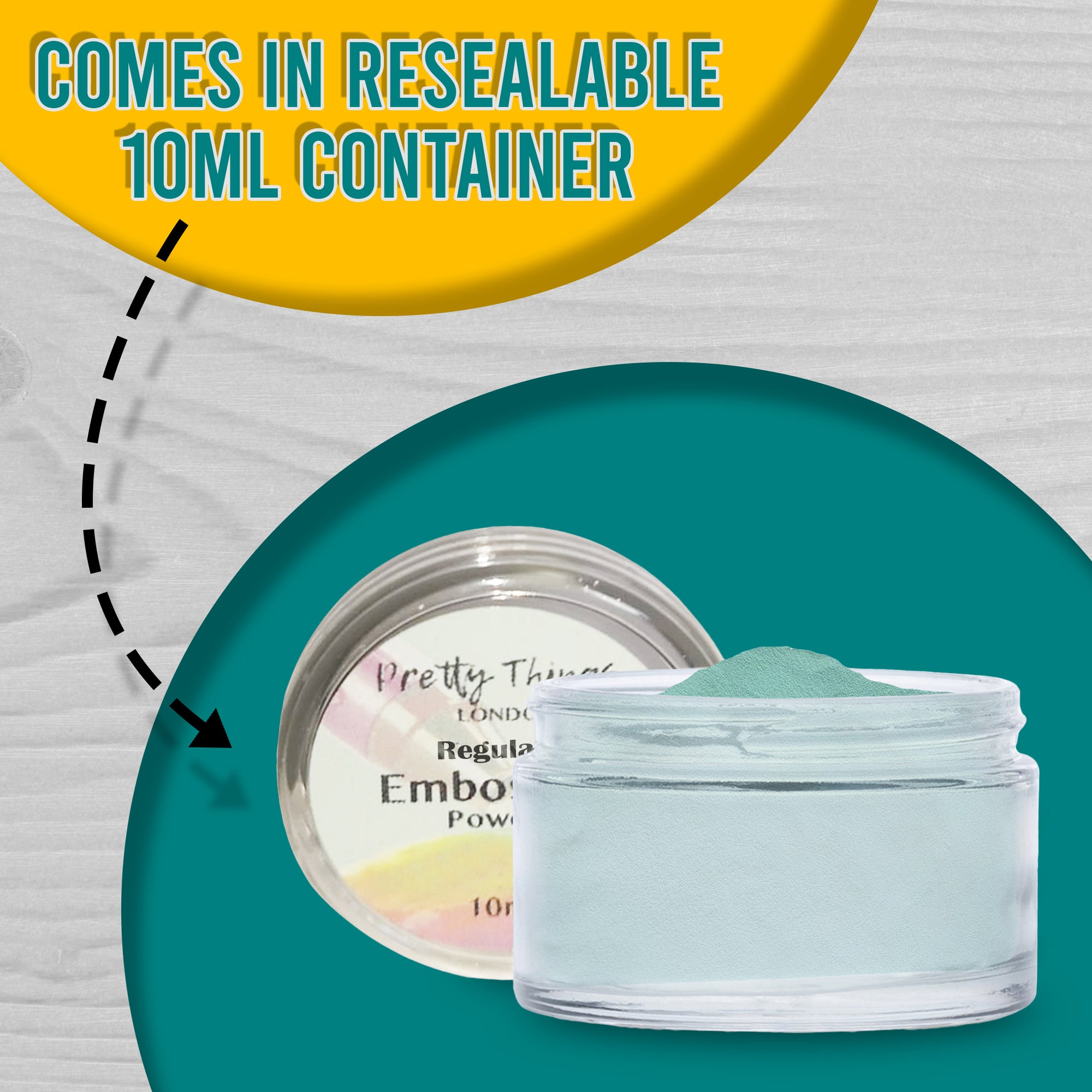 A resealable 10ml container of Green Turquoise Pastel embossing powder with text pointing out its convenient packaging.