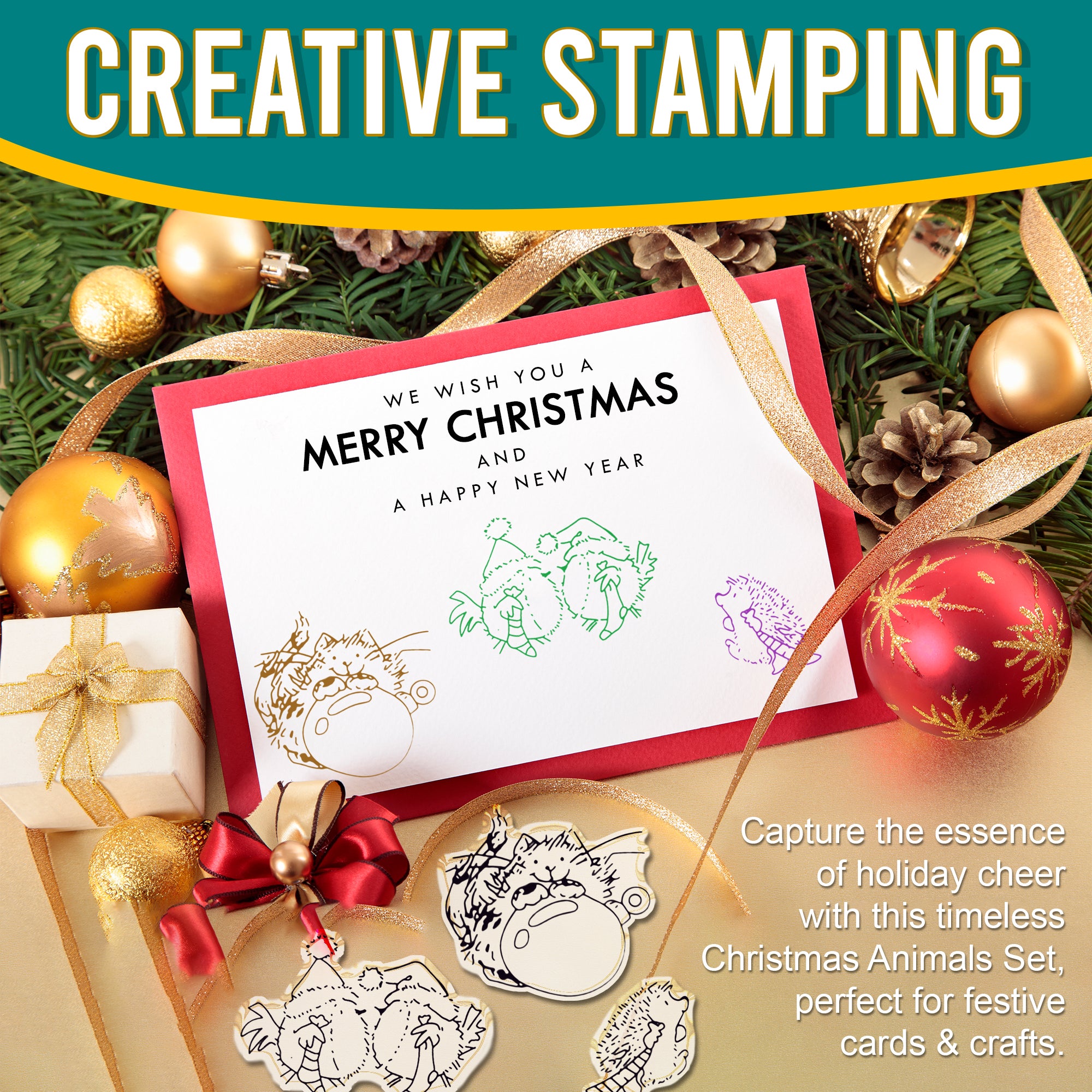 A festive scene featuring a Christmas card decorated with various stamped images of hedgehogs, a cat, and more, with the message "We wish you a Merry Christmas and a Happy New Year." The text promotes the creative potential of the stamp set for making festive cards and crafts.