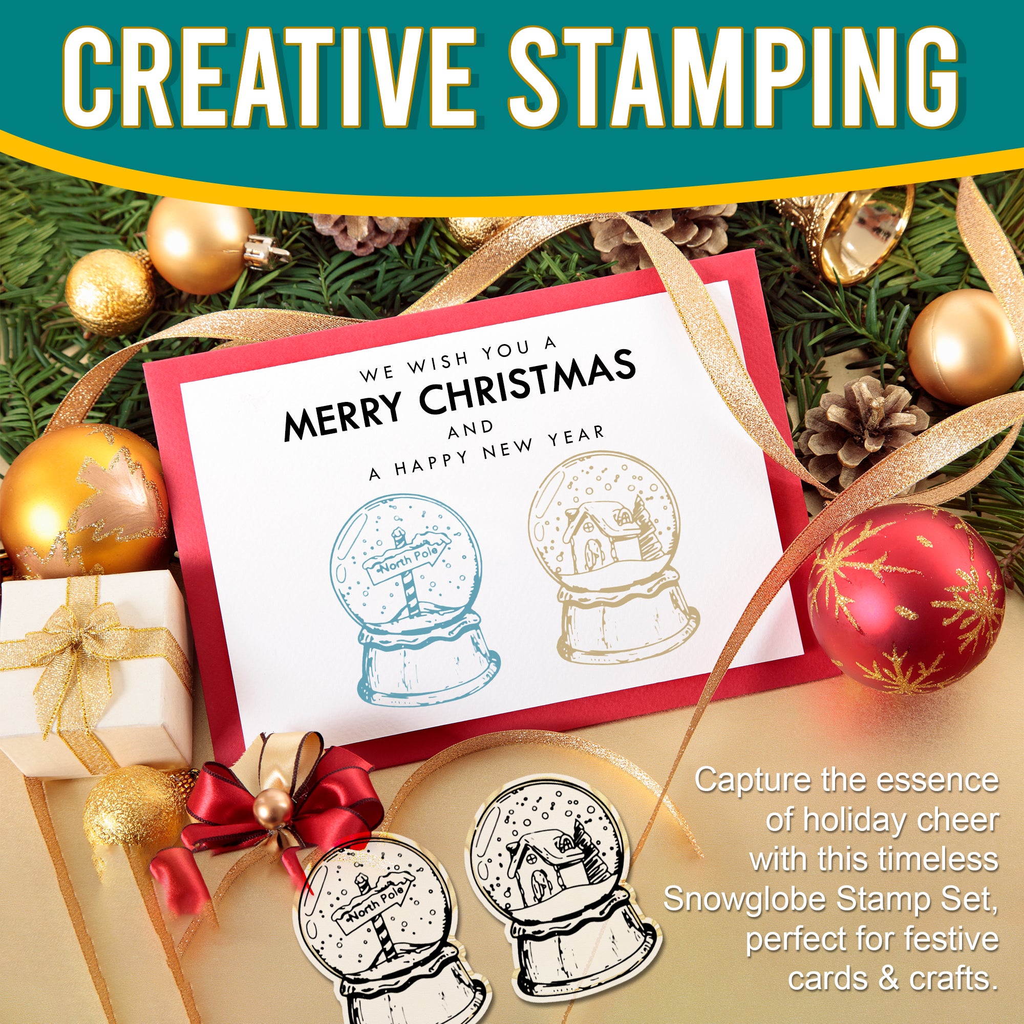 A festive scene with a Christmas card stamped with snow globes, surrounded by holiday decorations such as golden baubles and ribbon. The text 'CREATIVE STAMPING' suggests the potential of these snow globe stamps for making personalized holiday cards and crafts, capturing the essence of holiday cheer.