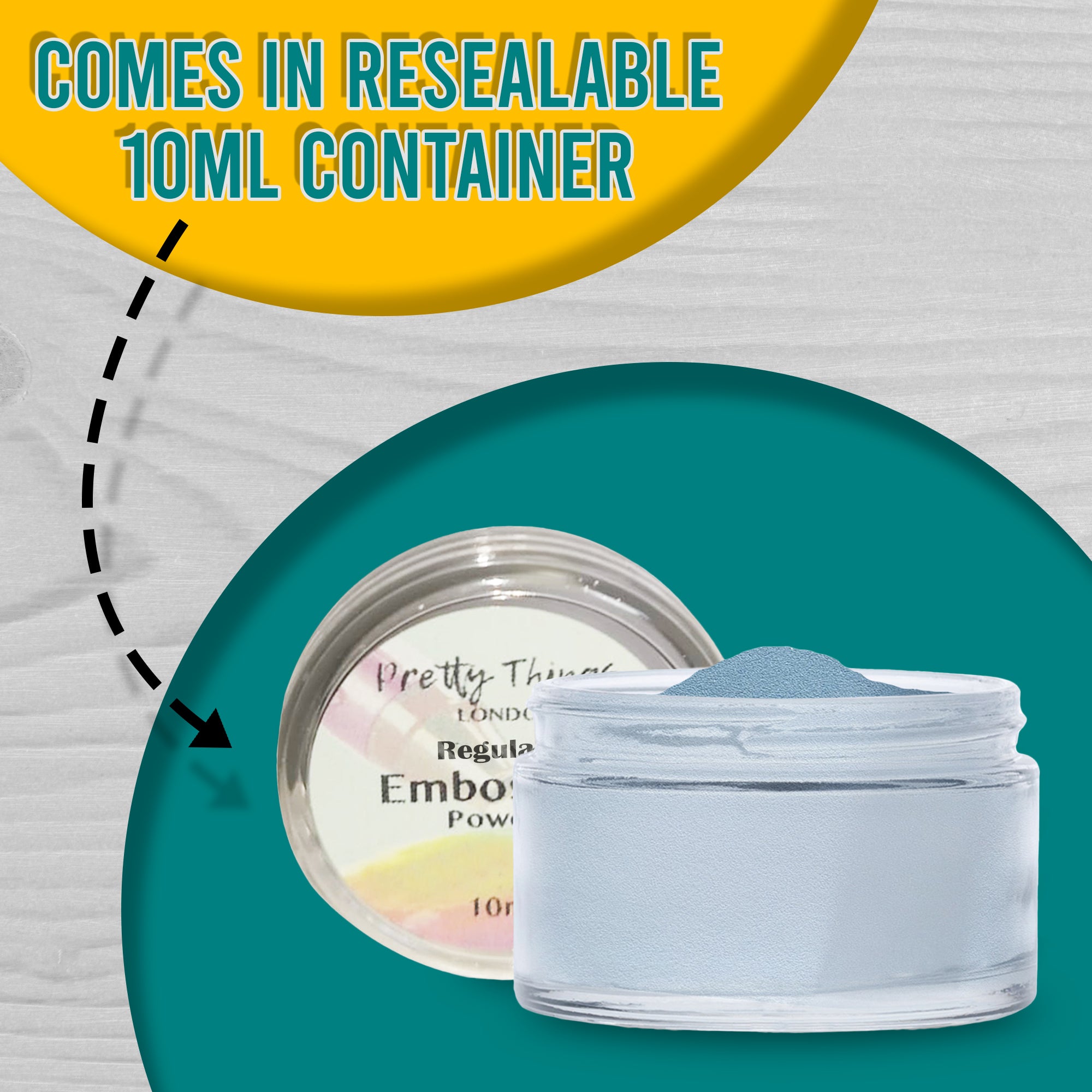 A resealable 10ml container of Blue Pastel embossing powder, with the text 'Comes in Resealable 10ml Container' emphasizing its convenience.