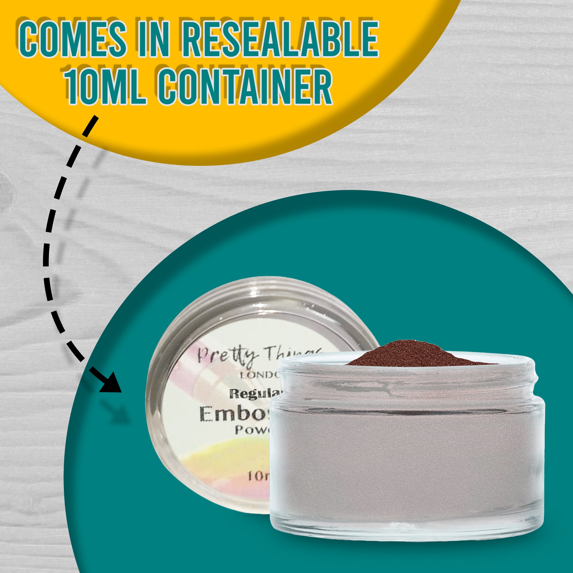 A resealable 10ml container of Copper embossing powder, with the text 'Comes in Resealable 10ml Container' emphasizing its convenience.