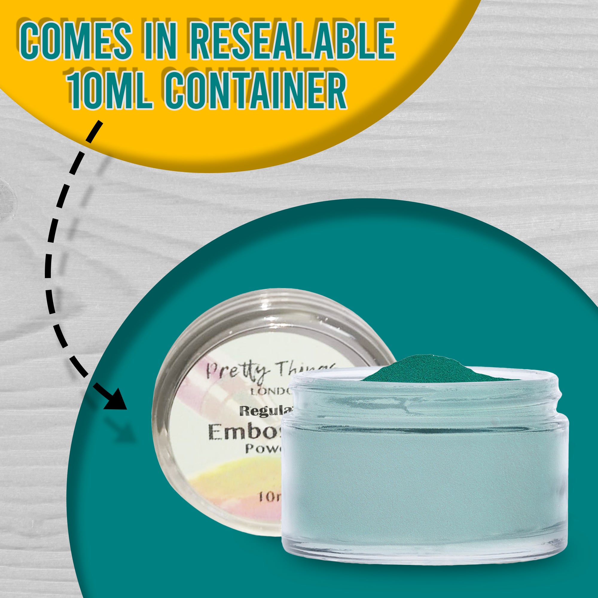 A resealable 10ml container of Green embossing powder, with text emphasizing its practical packaging: 'Comes in Resealable 10ml Container'.