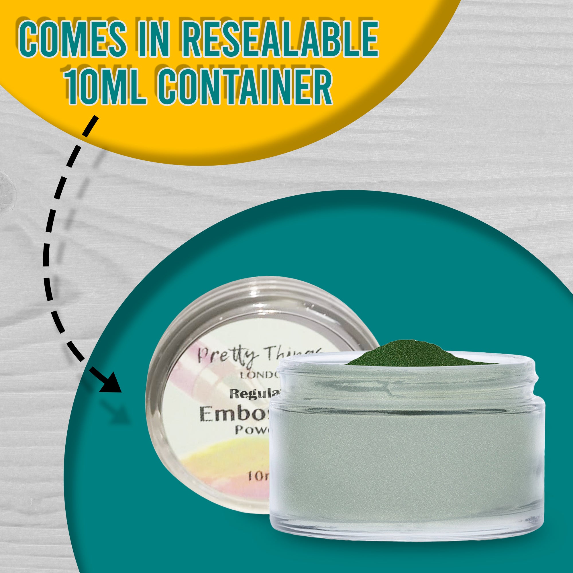 A resealable 10ml container of Green Olive embossing powder from Pretty Things London, with text highlighting its resealability for convenience.