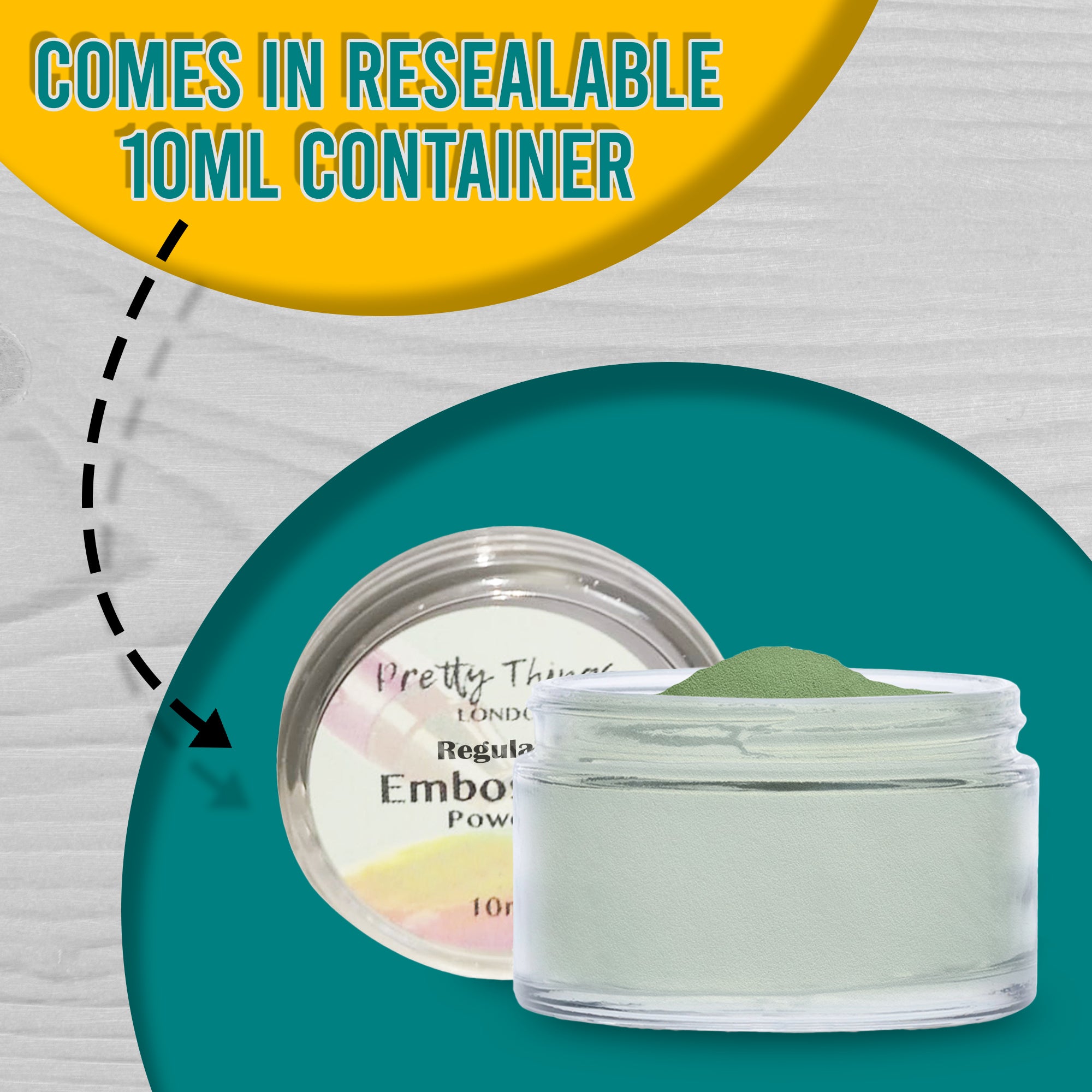A resealable 10ml container of Green Pastel embossing powder from Pretty Things London, with text emphasizing its practical packaging.