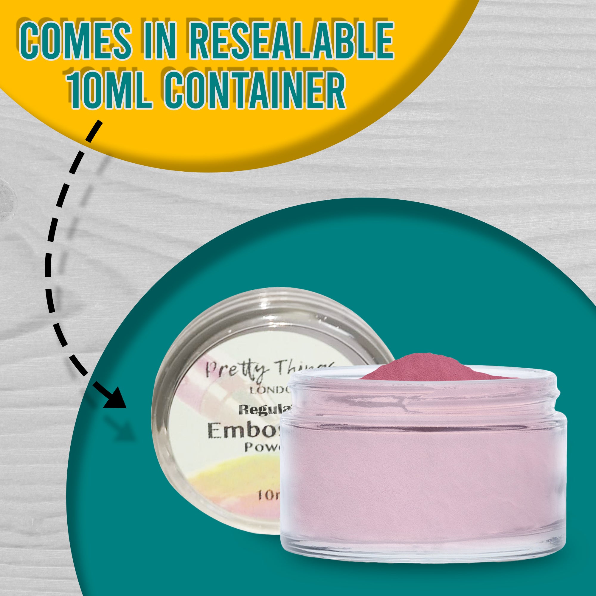 A resealable 10ml container of Pink embossing powder from Pretty Things London, with text emphasizing its practical packaging.