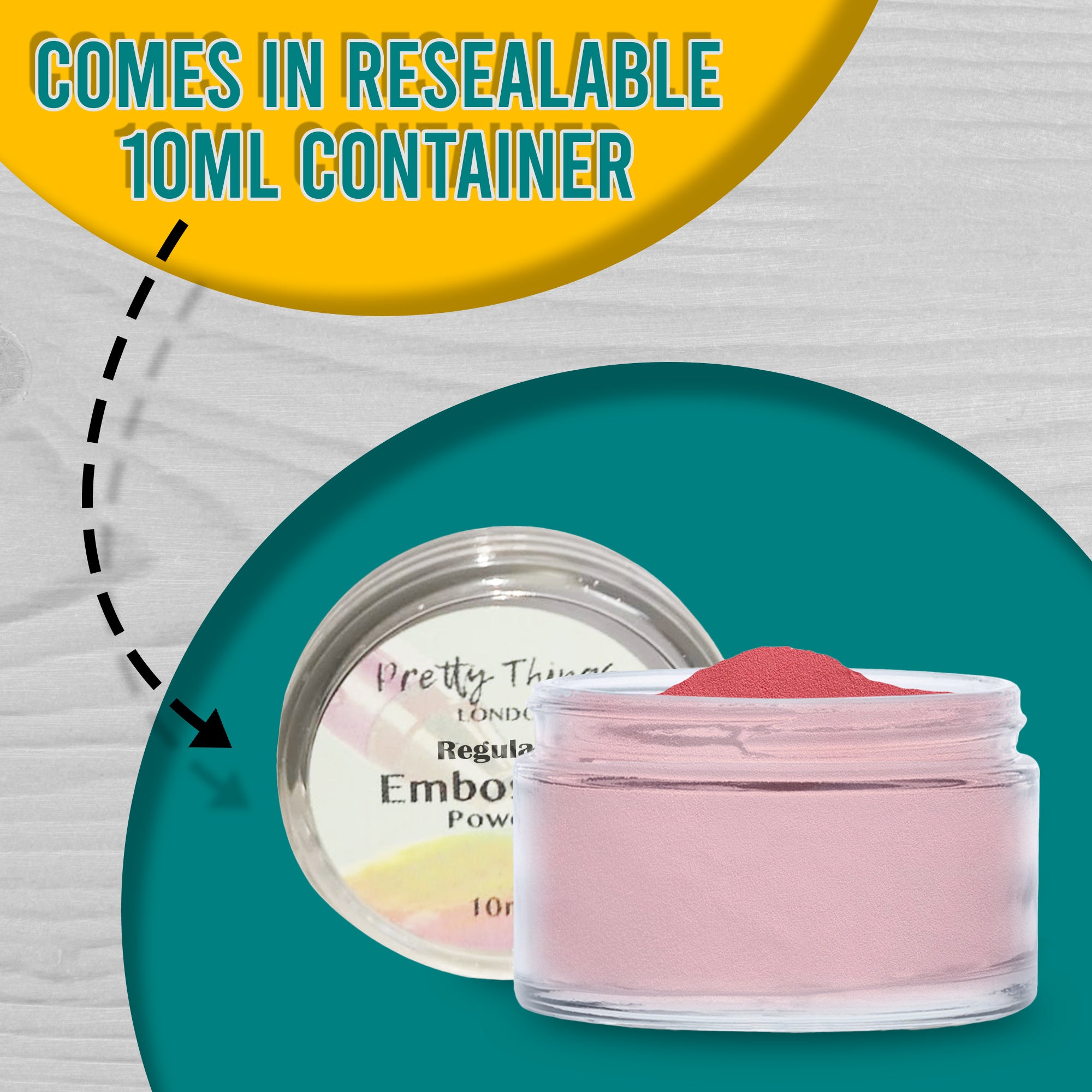 A resealable 10ml container of Pink Flamingo embossing powder, with text pointing out its convenience: 'Comes in Resealable 10ml Container'.