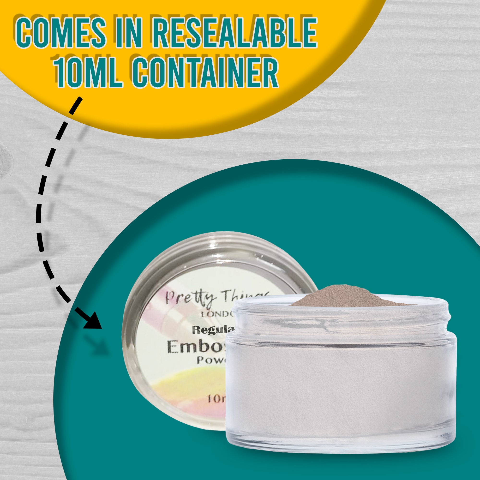 A resealable 10ml container of Pink Pastel embossing powder from Pretty Things London, with text emphasizing its practical packaging.