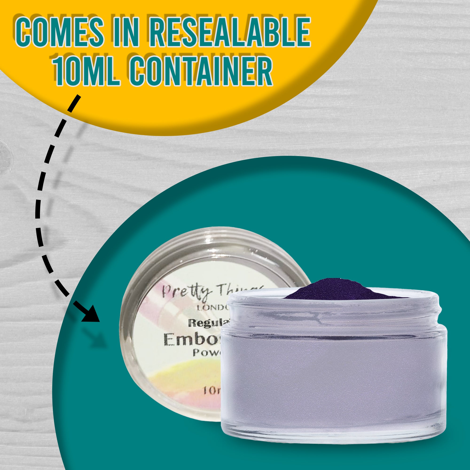 A resealable 10ml container of Purple Violet embossing powder from Pretty Things London, with text emphasizing its practical packaging.