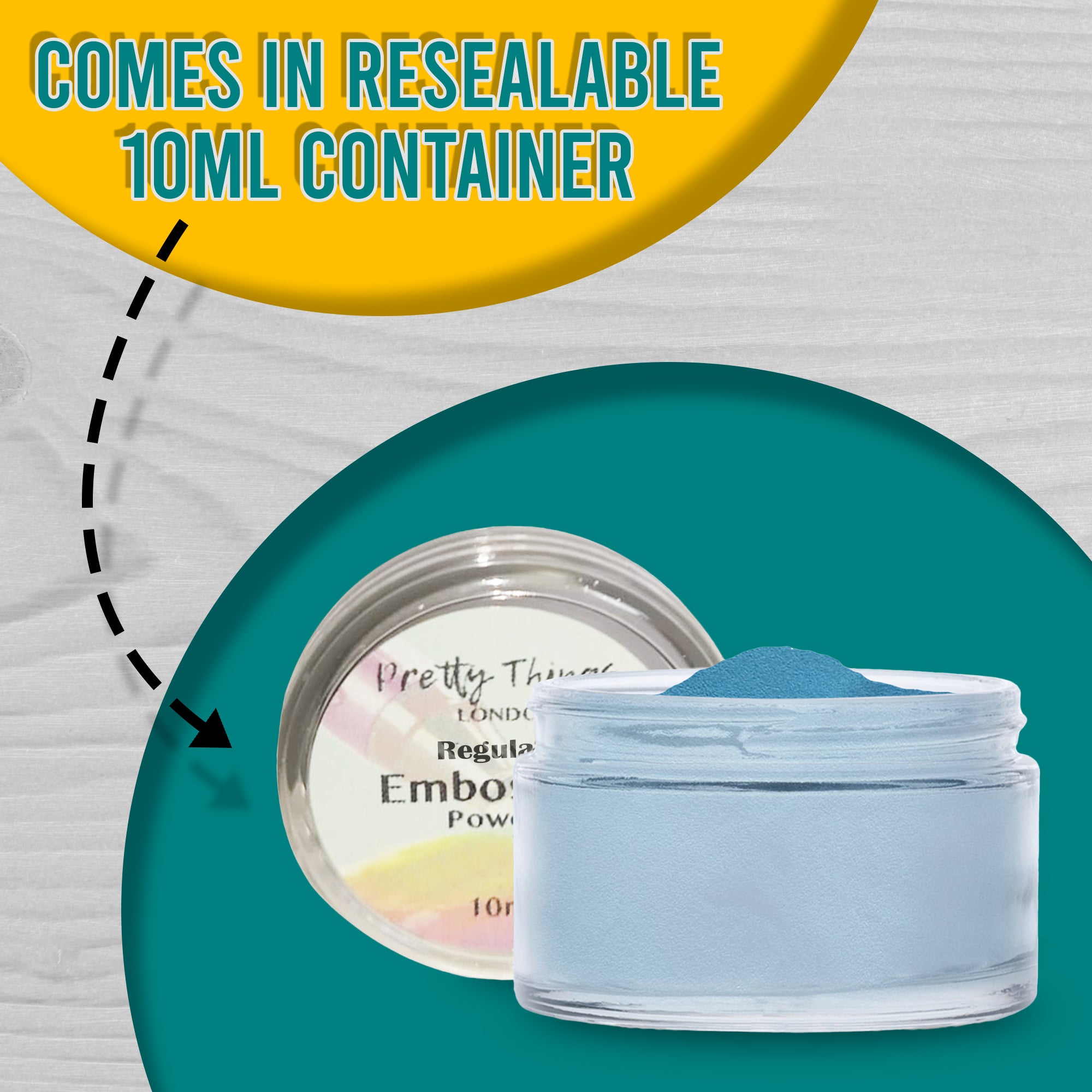 A resealable 10ml container of Sky Blue embossing powder from Pretty Things London, with text emphasizing its practical packaging.