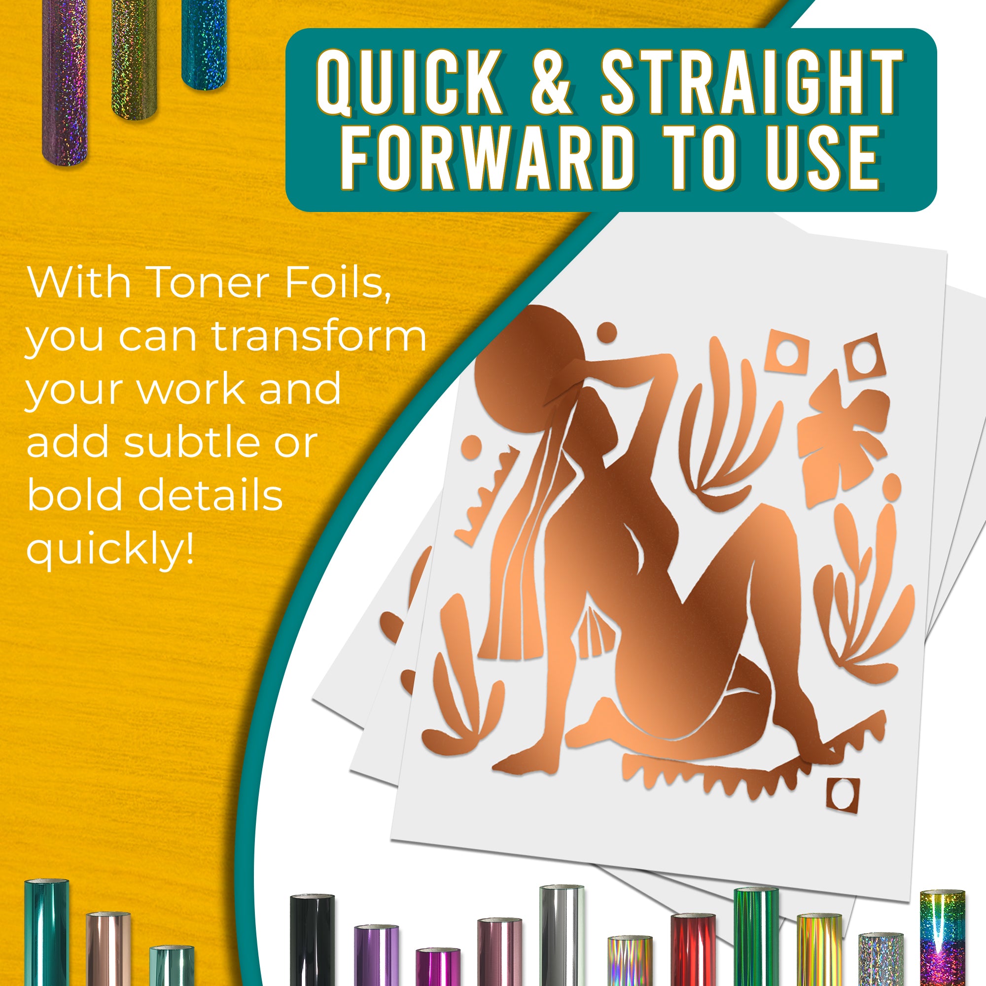 Copper toner foil example, smooth, bold coverage on silhouette artwork; quick, straightforward foiling results.