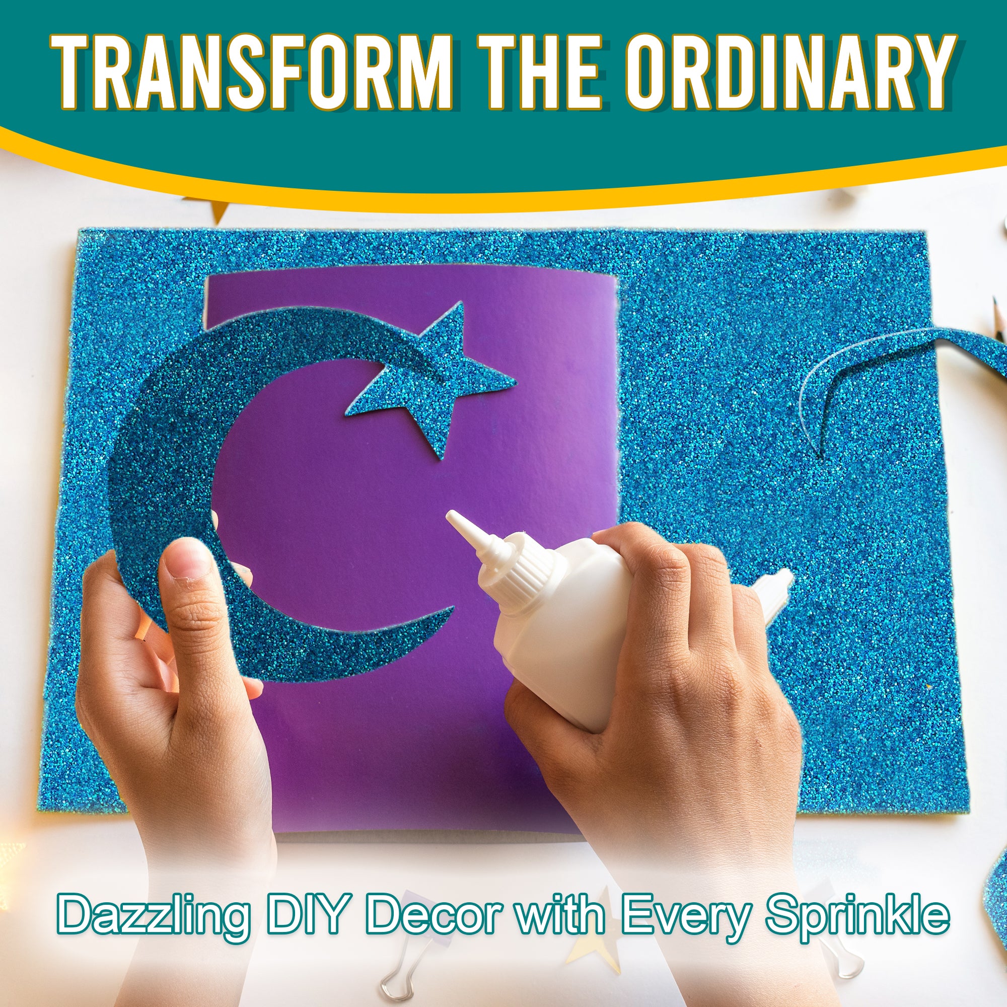 5.	Transform DIY decor with Crayola Curelean Fine Holographic Glitter on a moon and star cutout