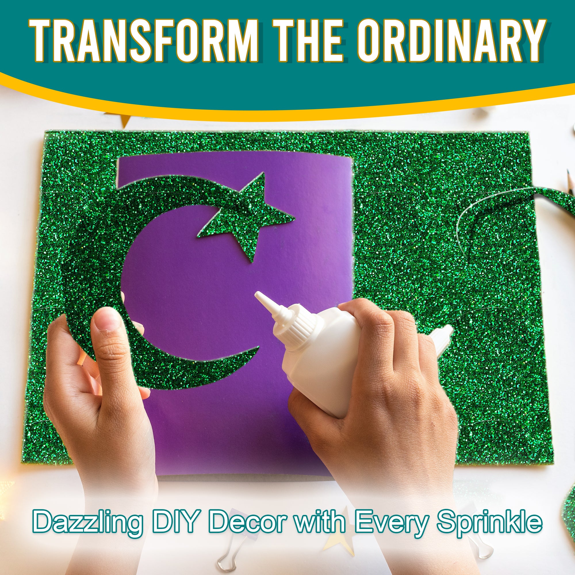 5.	Transform DIY decor with Green Fine Holographic Glitter on a moon and star cutout