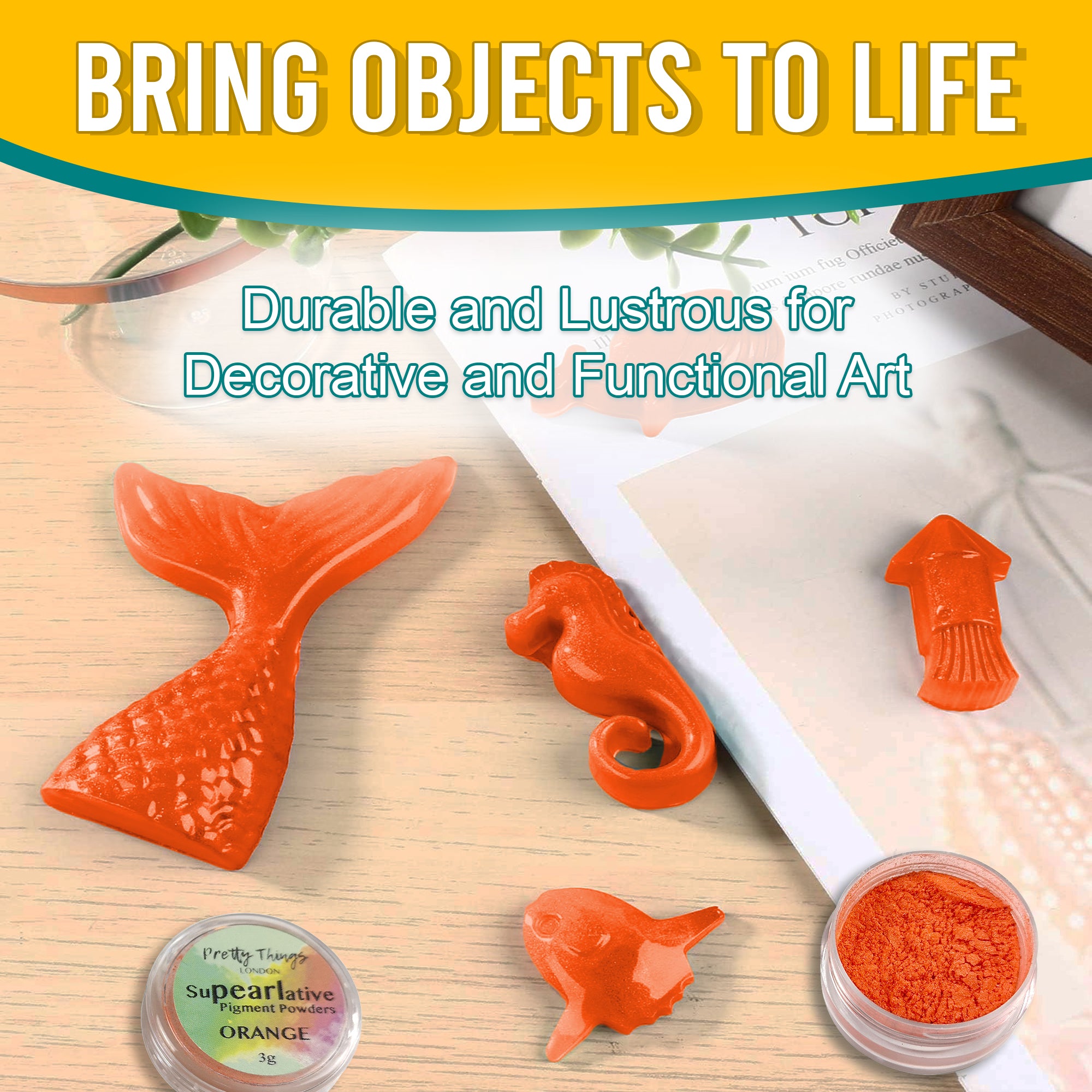 Orange pigment powder used in decorative art pieces like a mermaid tail and seahorse, illustrating its durability and lustrous finish for functional art objects.