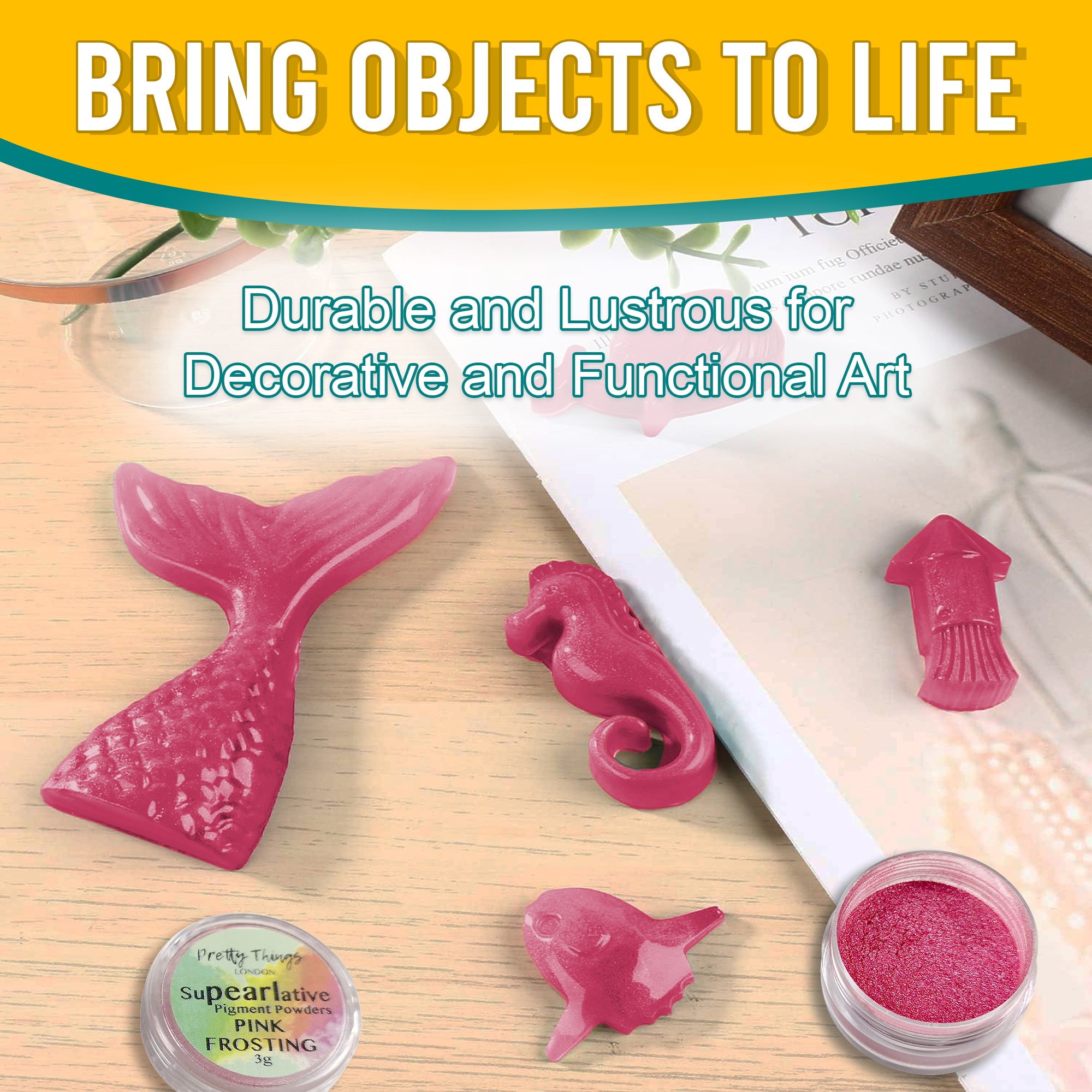 Pink Frosting pigment powder used in decorative art pieces like a mermaid tail and seahorse, illustrating its durability and lustrous finish for functional art objects.