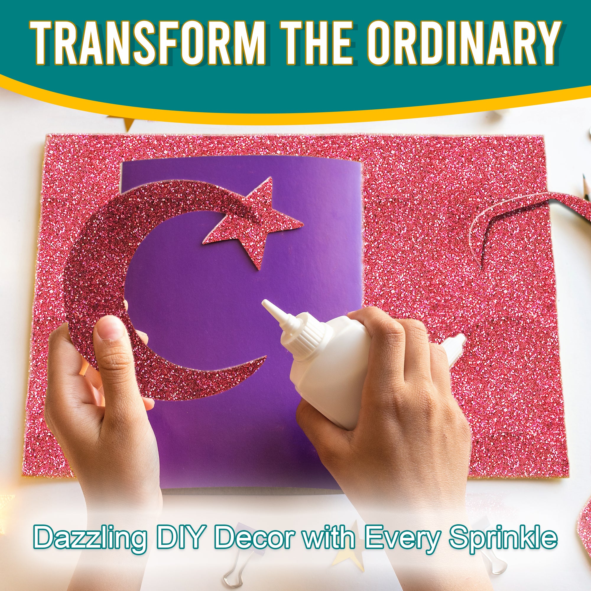 5.	Transform DIY decor with Rouge Pink Fine Holographic Glitter on a moon and star cutout