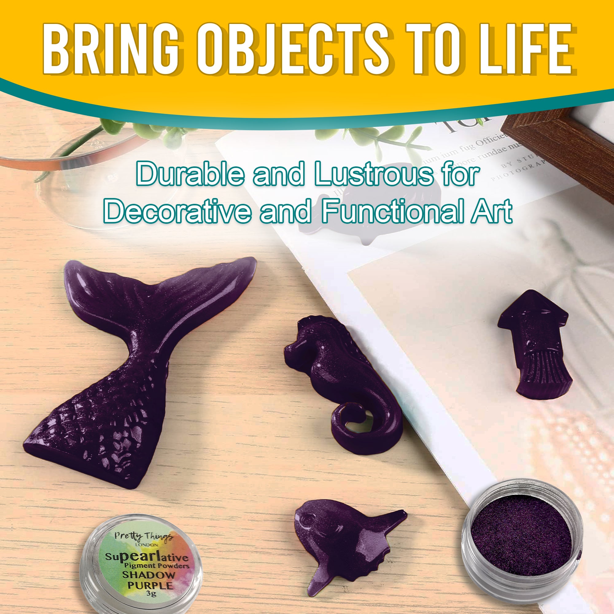 Shadow Purple pigment powder used in decorative art pieces like a mermaid tail and seahorse, illustrating its durability and lustrous finish for functional art objects.